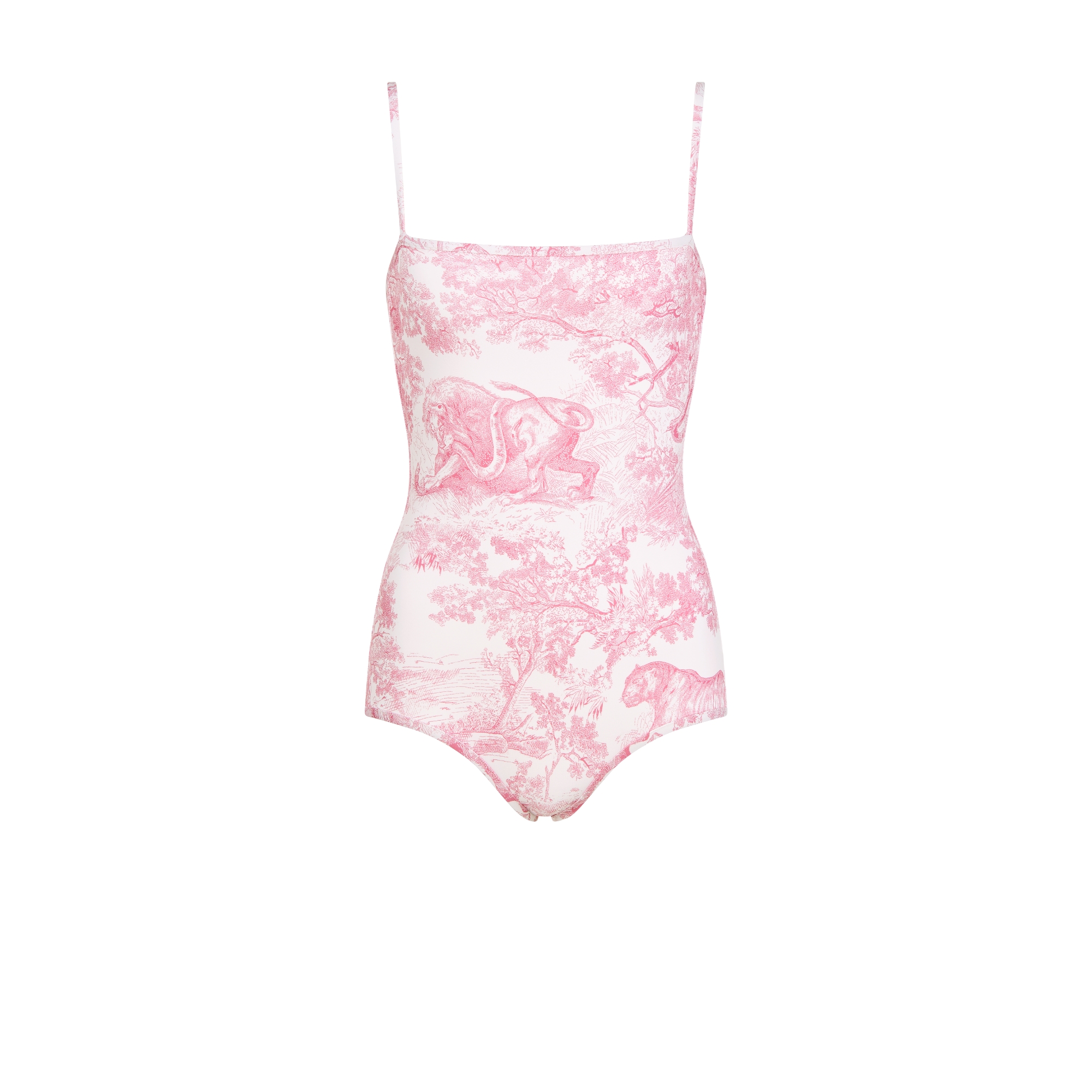 Dioriviera One-Piece Swimsuit White Technical Fabric with Cherry Blossom Pink Toile de Jouy Sauvage Motif E01