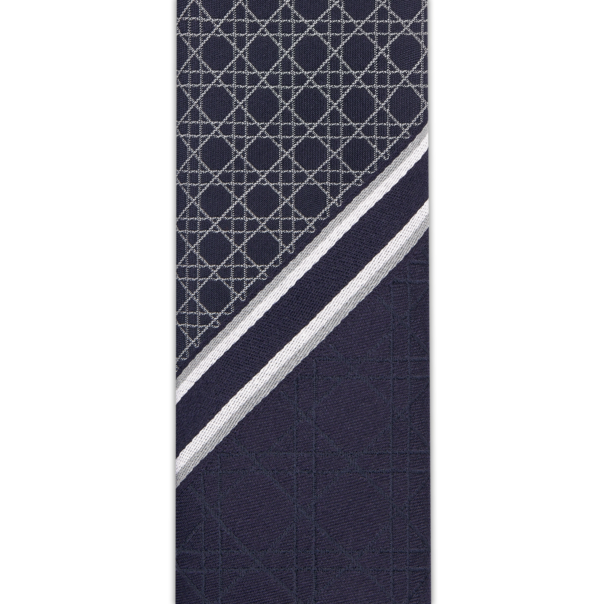 Striped Cannage Tie Navy Blue, Gray and White Silk E10