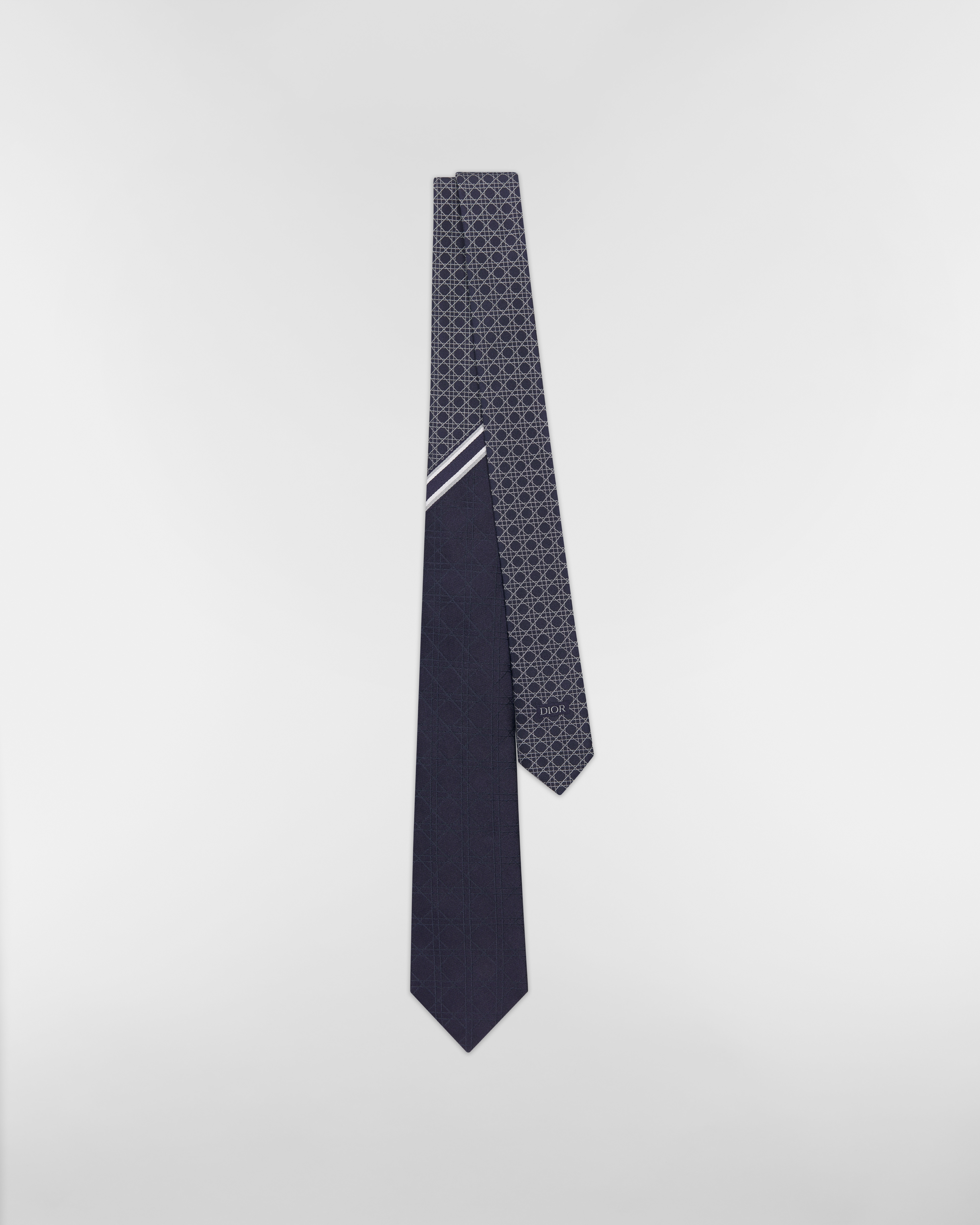 Gravata Cannage listrada Seda azul-marinho, cinza e branca E01