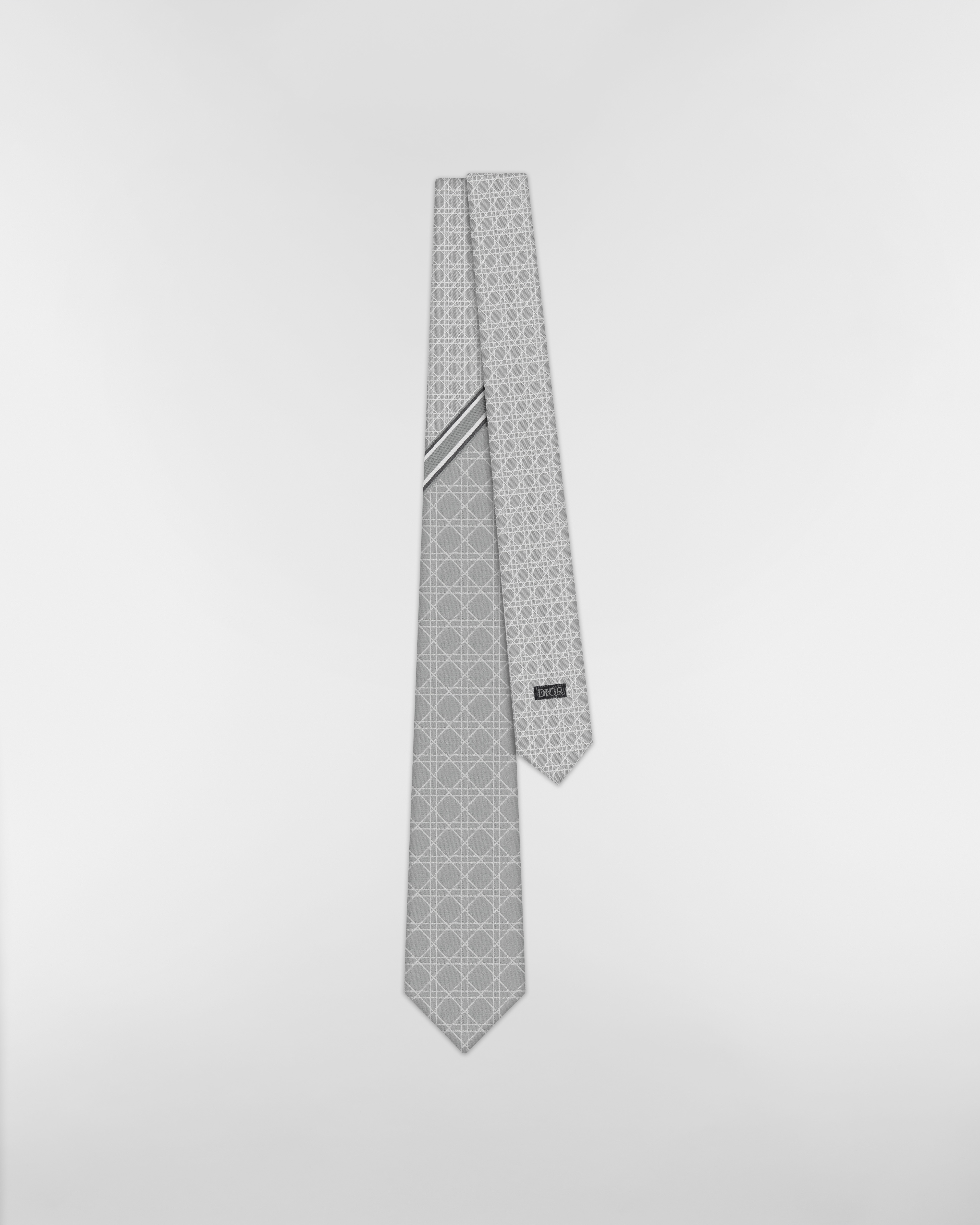 Gravata Cannage listrada Seda cinza, branca e cinza-escuro E01