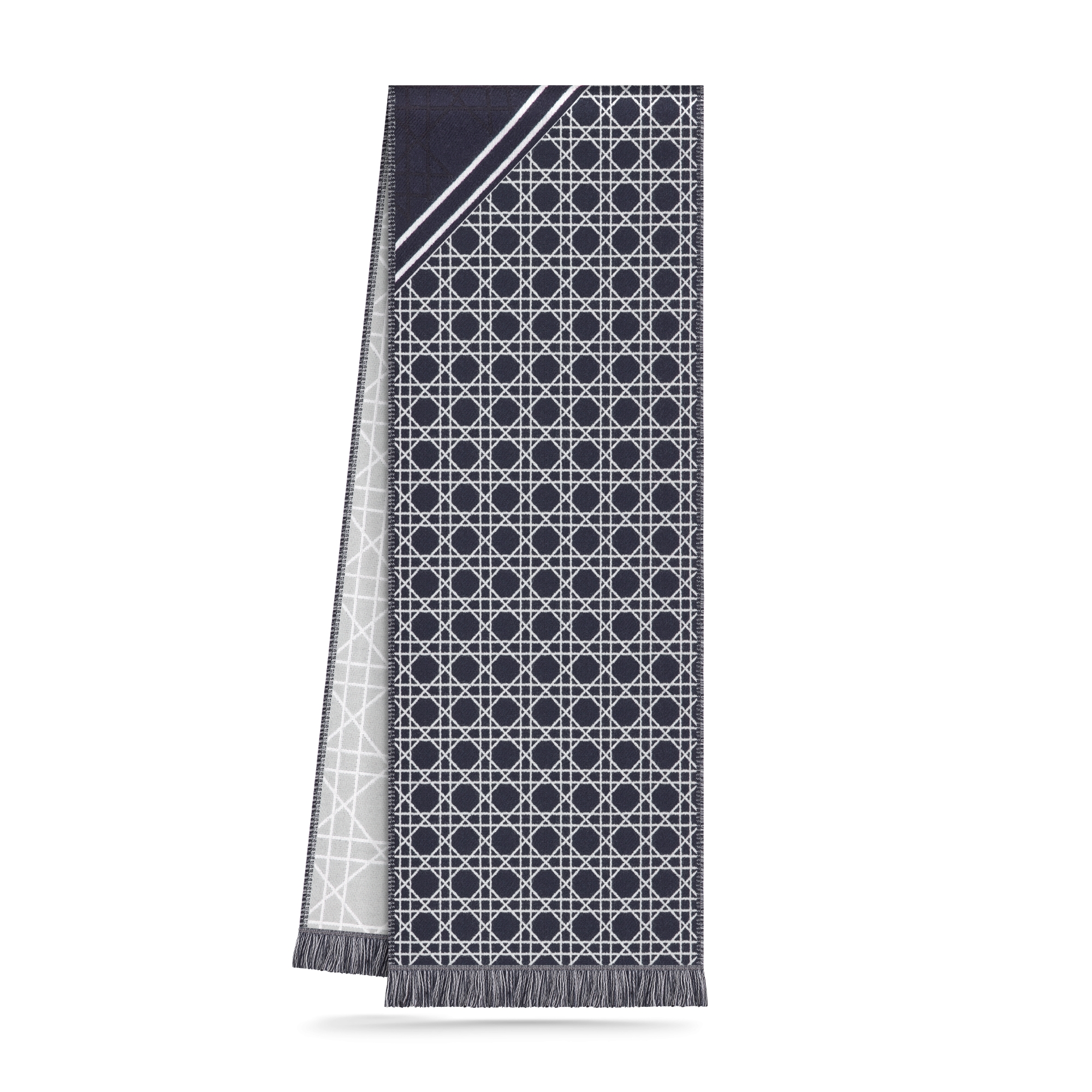 Striped Cannage Scarf Navy Blue, Gray and White Wool E03