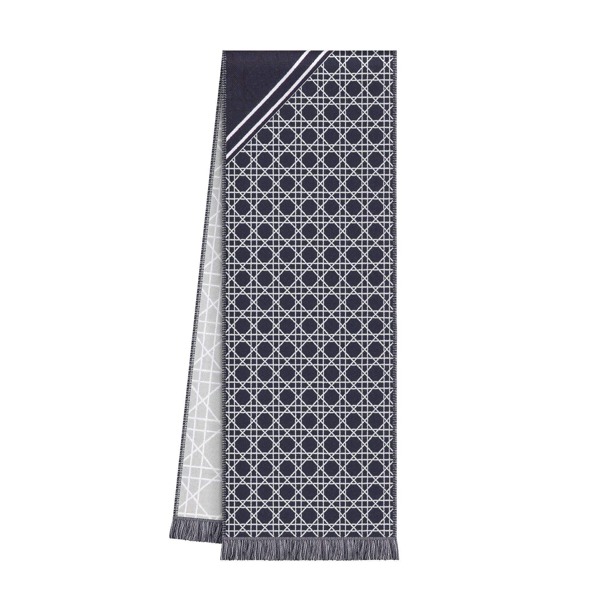 Striped Cannage Scarf Navy Blue, Gray and White Wool E03