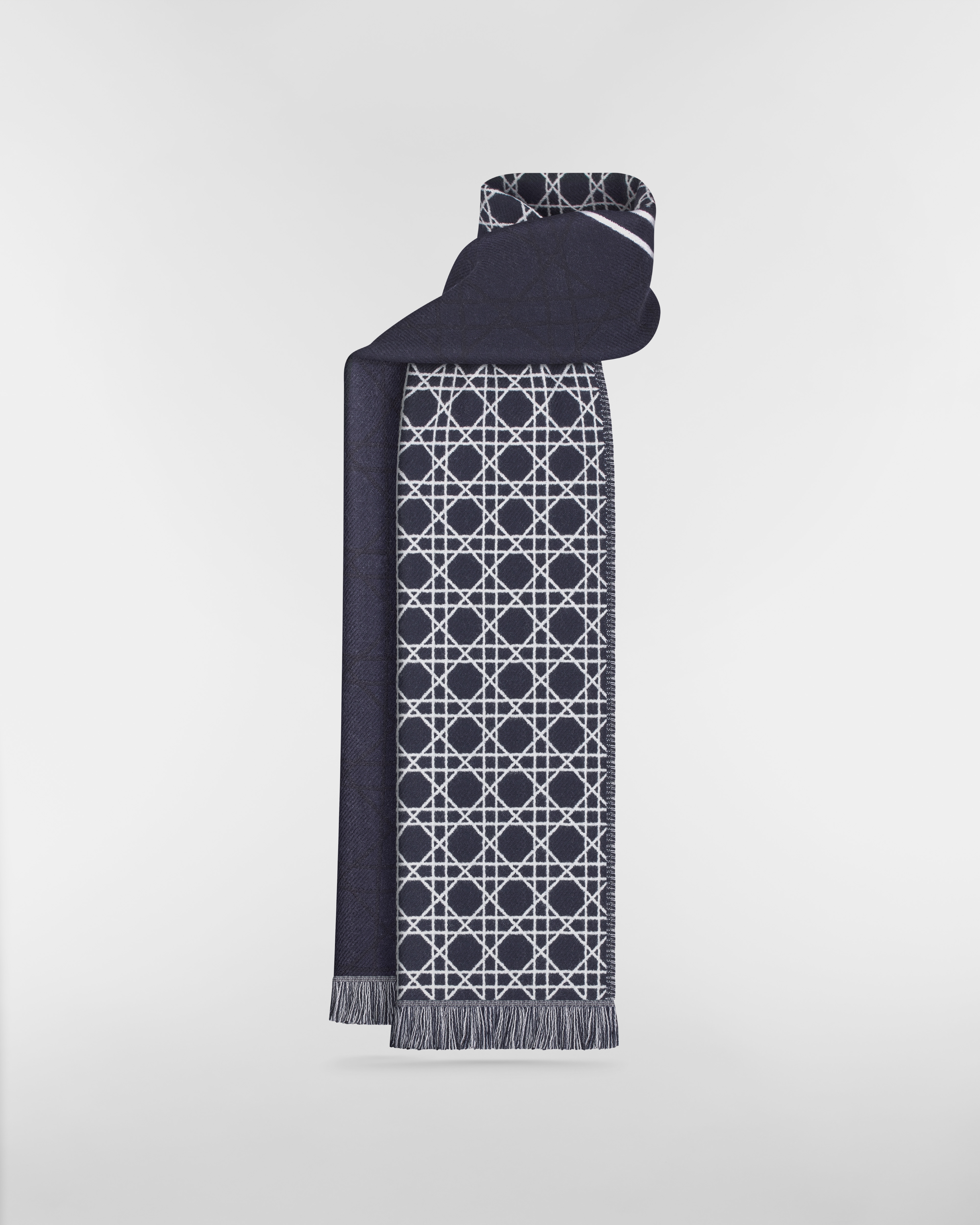 Gestreifter Cannage Schal Wolle in Marineblau, Grau und Weiß E01