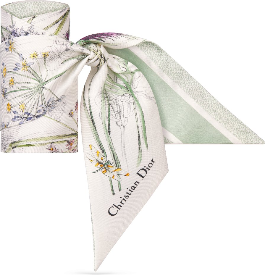 Dior Herbarium Mitzah Scarf Ivory and Light Green Multicolor Silk Twill DIOR