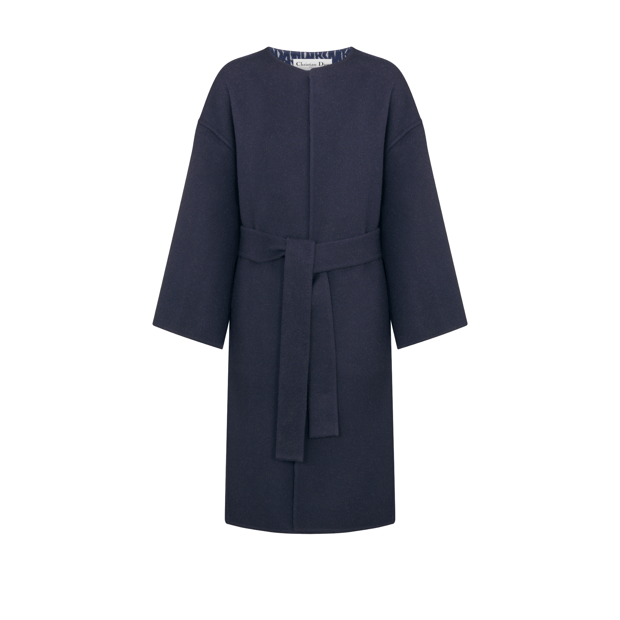 Coat with Belt Navy Blue Double-Sided Virgin Wool and Silk