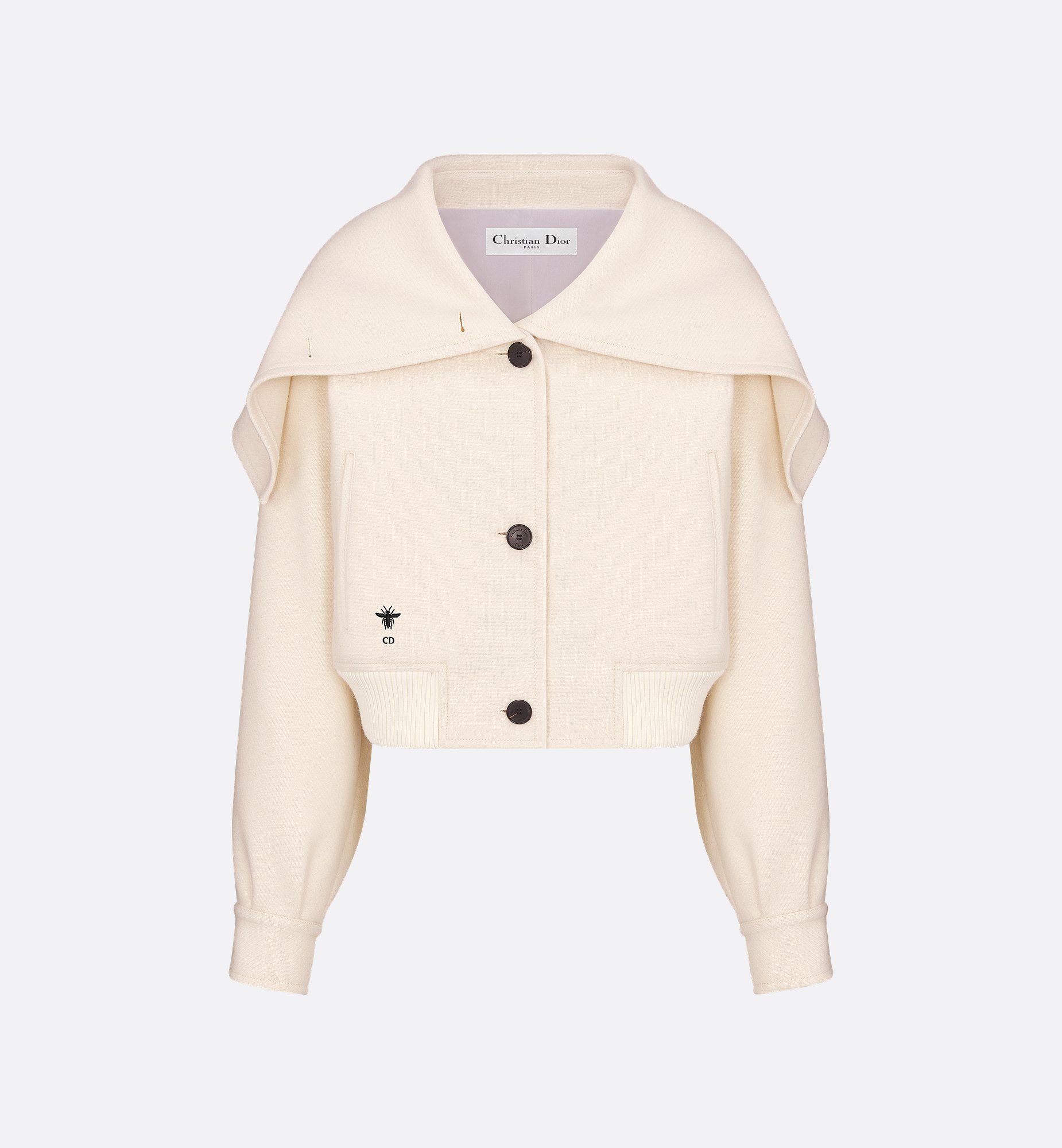 Bomber Jacket with Oversized Collar Ecru Wool Blend with Bomber Jacket with Oversized Collar Ecru Wool Blend with