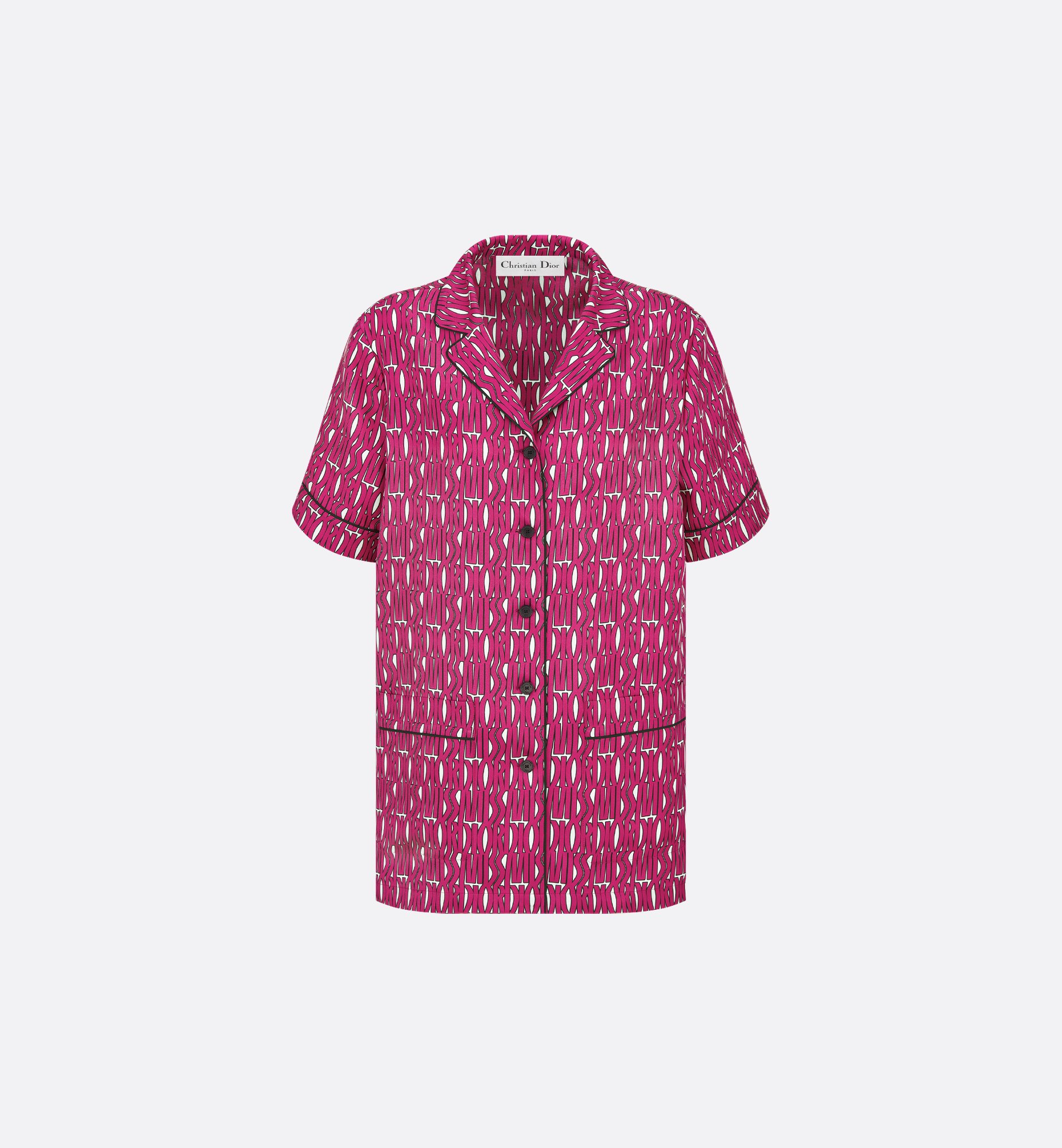 Short-Sleeved Shirt White Silk Twill with Fuchsia Miss Dior Short-Sleeved Shirt White Silk Twill with Fuchsia Miss Dior