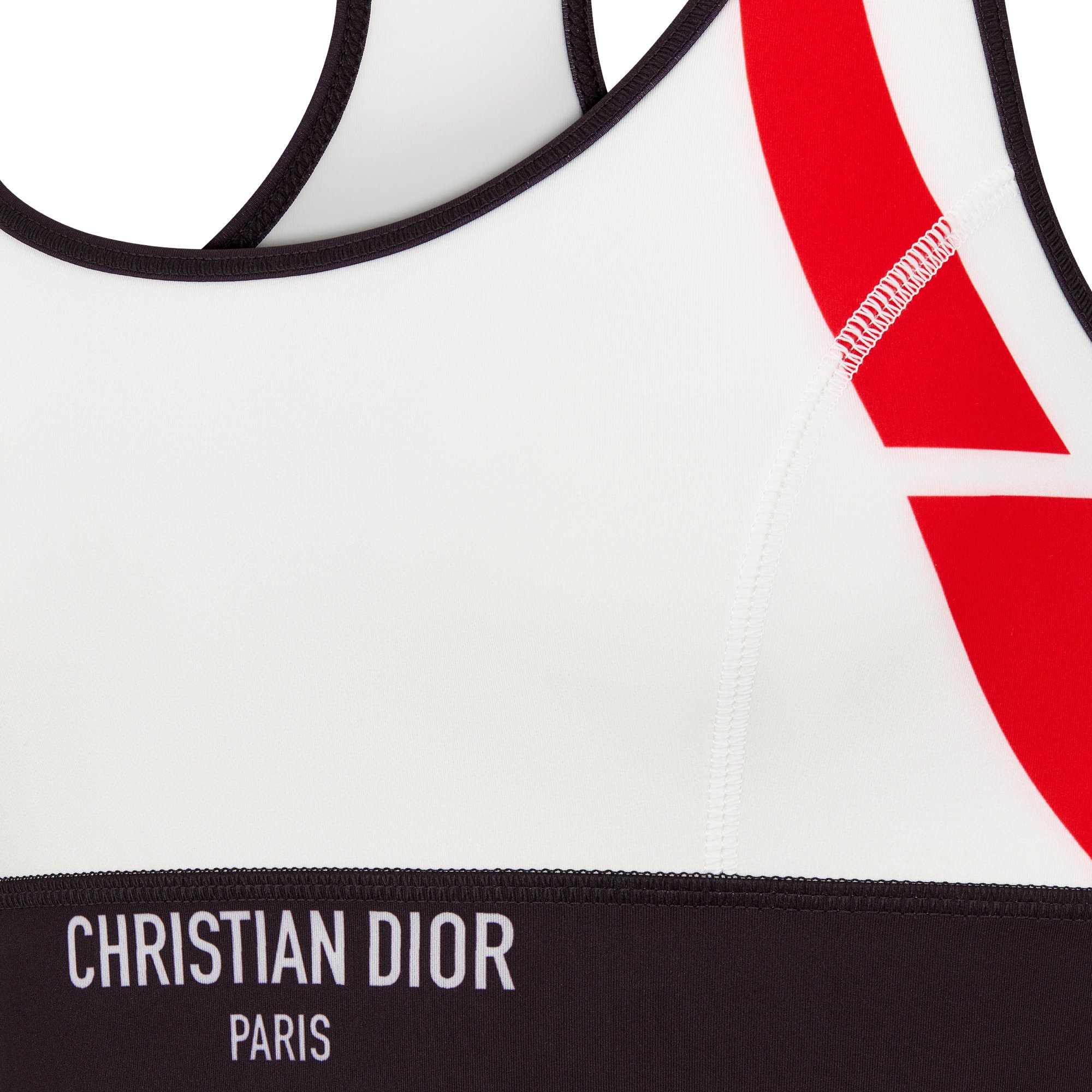 Dior Vibe Sports Bra White Technical Jersey with Blue Black and Red Motif DIOR
