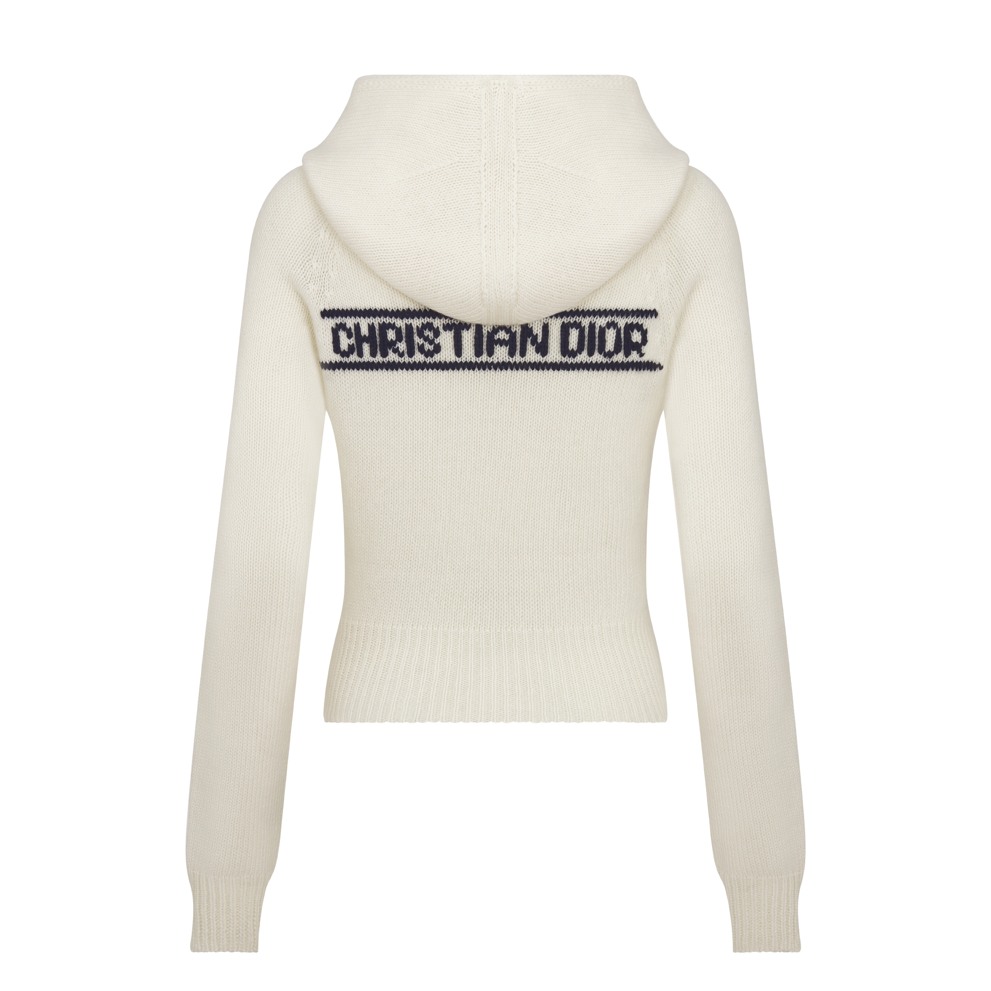 DiorAlps Kapuzenpullover Woll- und Kaschmirstrick in Weiß mit Dior Star Motiv in Marineblau E08