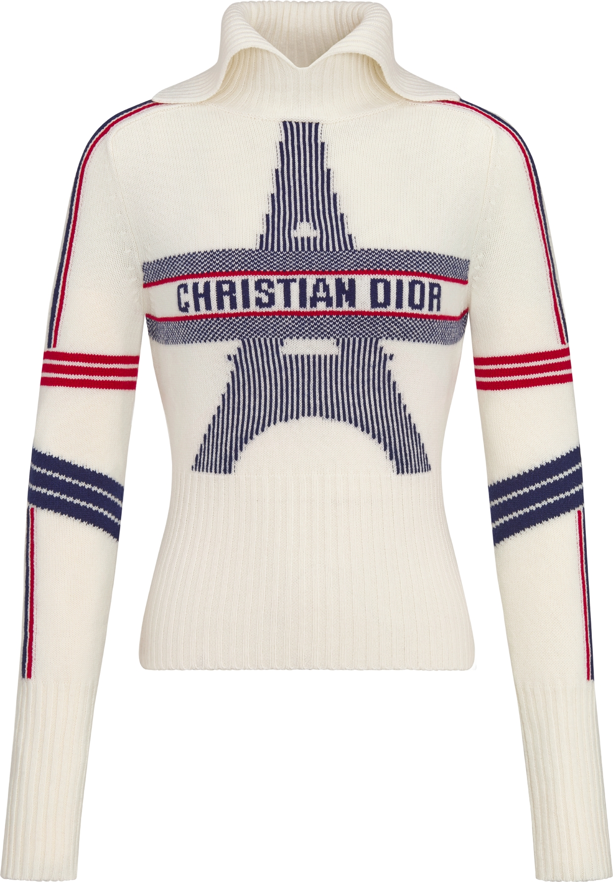 DiorAlps Mock Neck Sweater White Wool and Cashmere Knit with Three Tone Eiffel Tower Motif DIOR