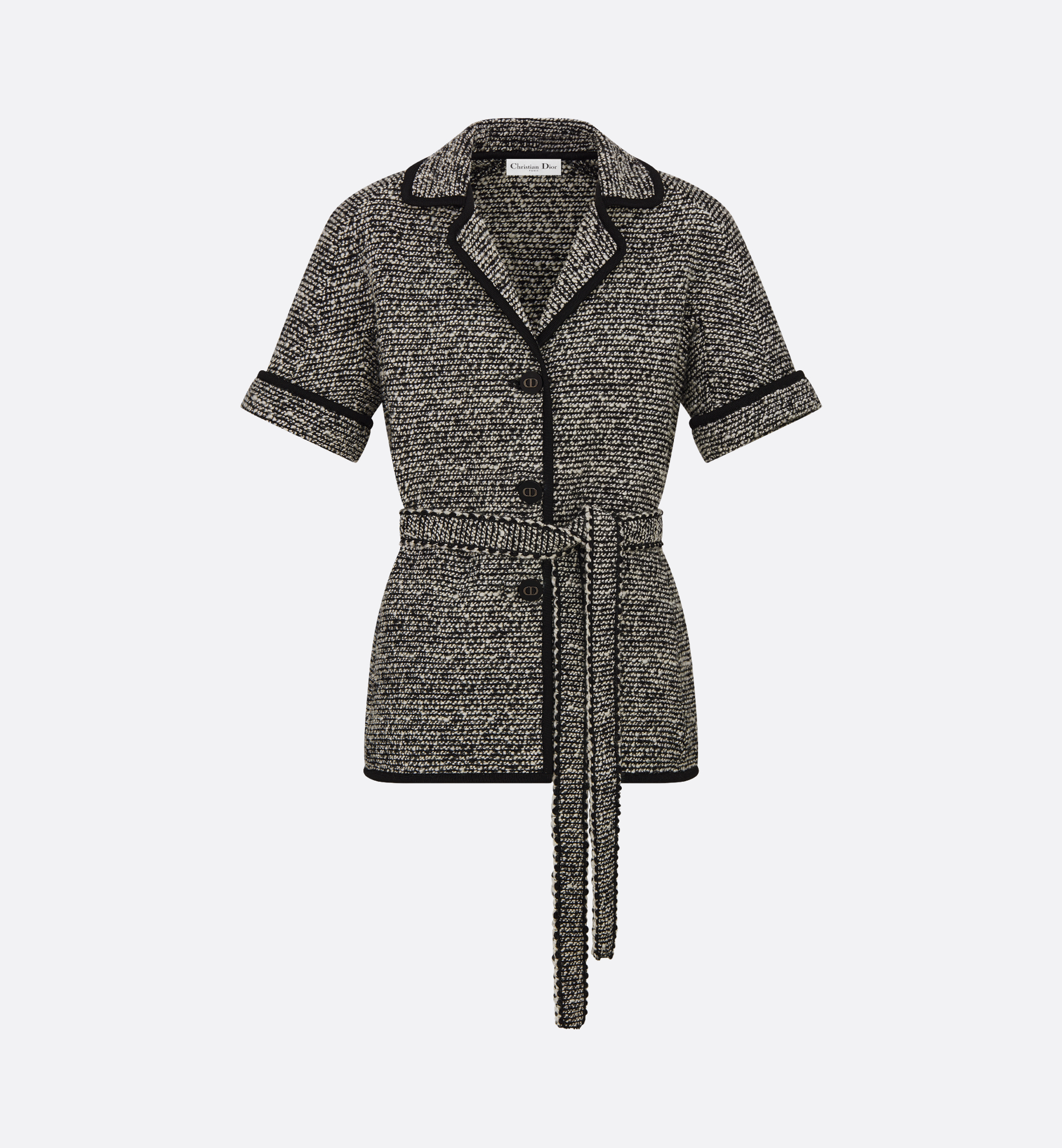 Short-Sleeved Belted Jacket Black Wool-Blend Heathered Short-Sleeved Belted Jacket Black Wool-Blend Heathered