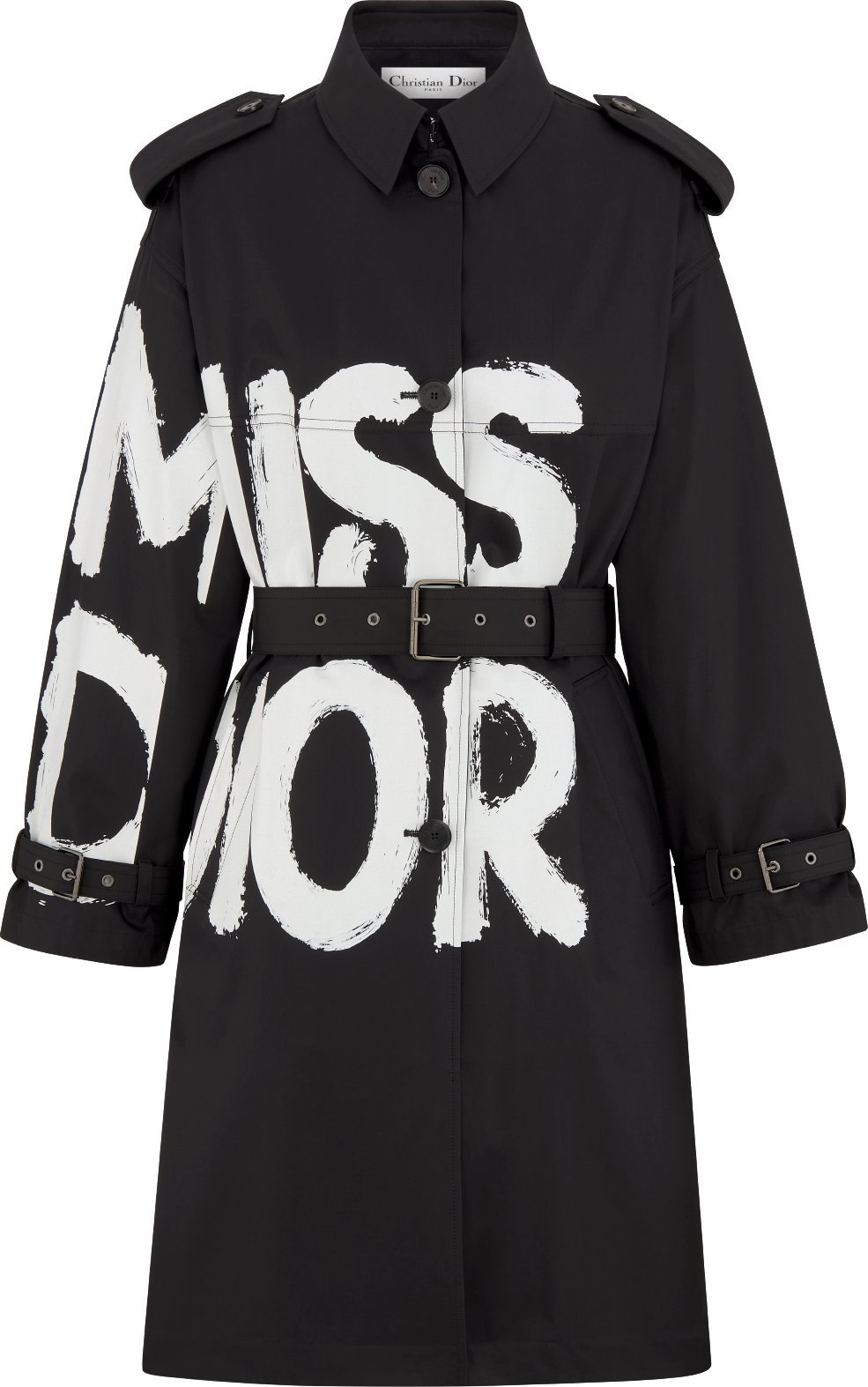 Trench Coat Black Cotton Gabardine with White Miss Dior Graffiti Motif DIOR