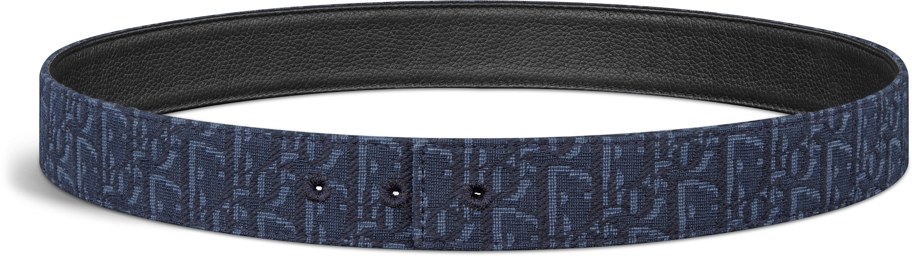 Laniere de ceinture reversible Toile jacquard Dior Oblique bleu marine et cuir de veau graine noir 35 mm DIOR