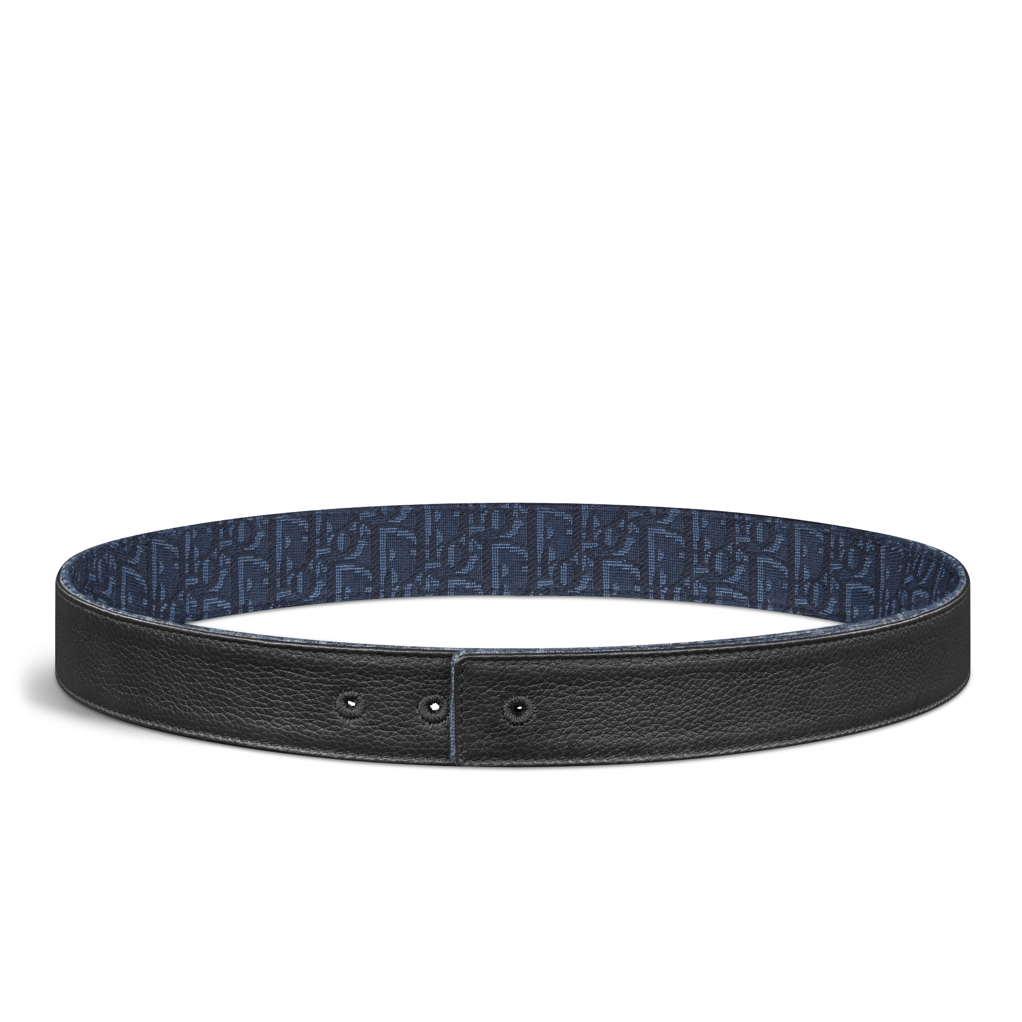 Wendbarer Gürtelriemen Dior Oblique Jacquard in Marineblau und genarbtes Kalbsleder in Schwarz, 35 mm E07