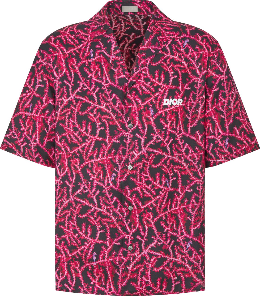 Dior Italic Short Sleeved Shirt Black and Red Silk Twill with Coral Motif DIOR