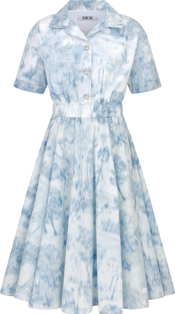 Kids Flared Dress Ivory Water Repellent Technical Fabric with Blue Toile de Jouy Paris Print DIOR
