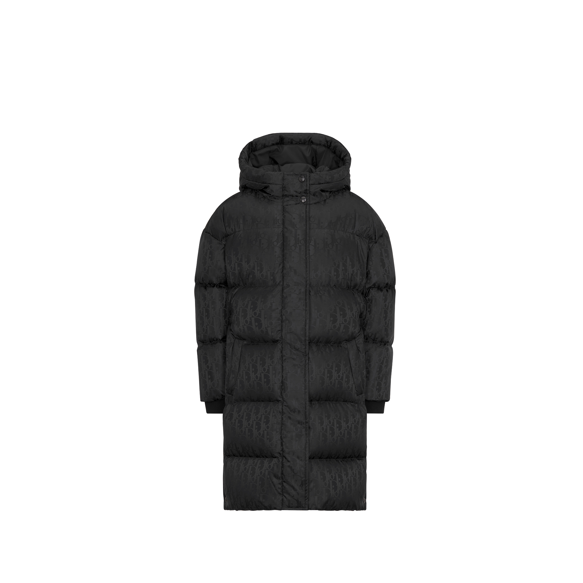 Kids' Long Hooded Down Jacket Black Dior Oblique Technical Fabric E01