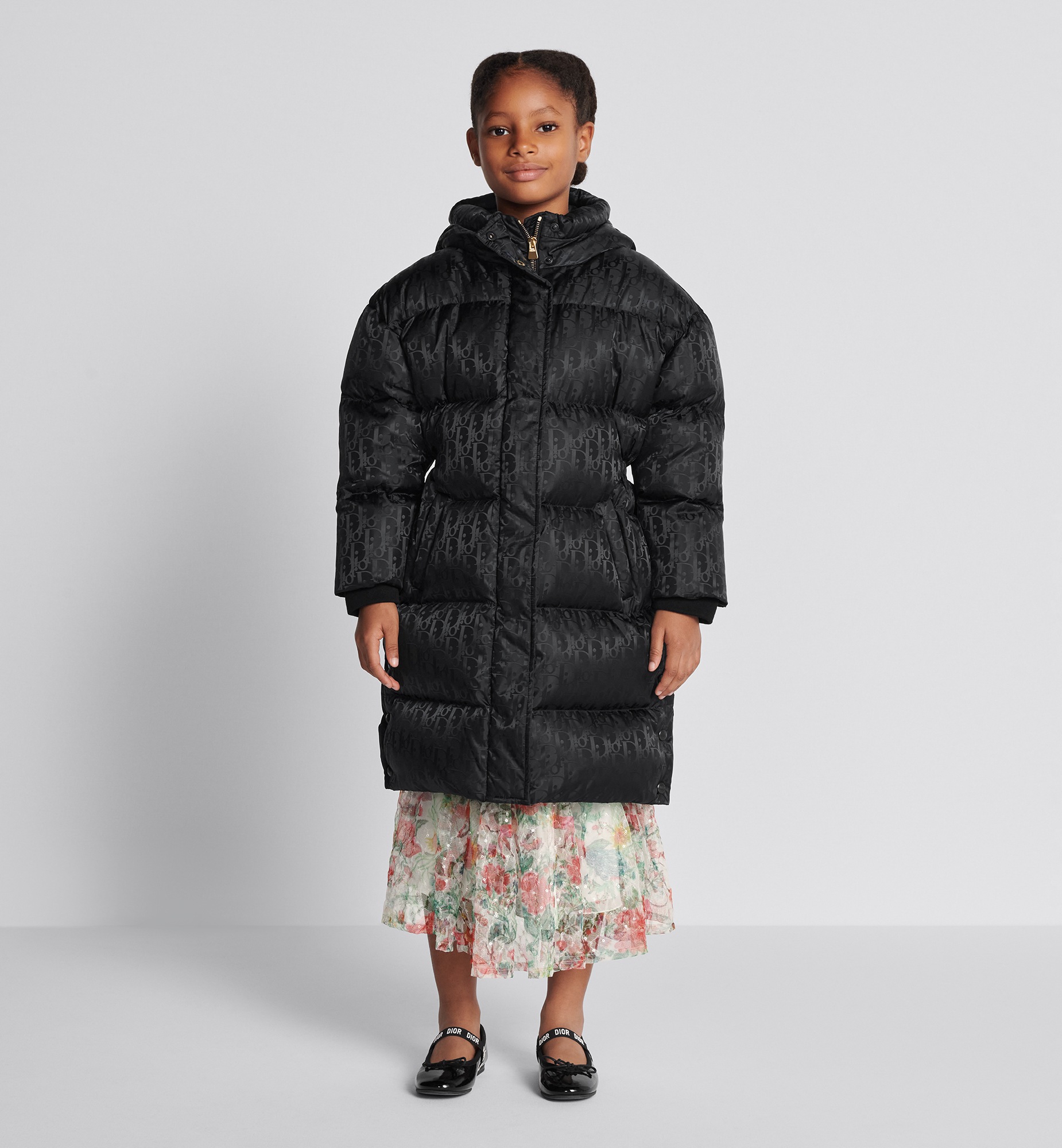 Kids' Long Hooded Down Jacket Black Dior Oblique Technical Fabric E11