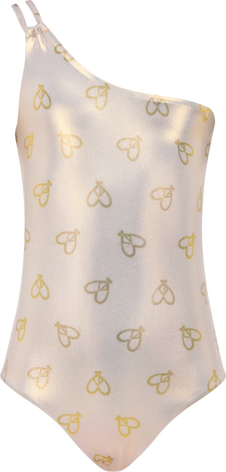 Kids Asymmetric One Piece Swimsuit Gold Tone Technical Fabric with CD Heart Print DIOR