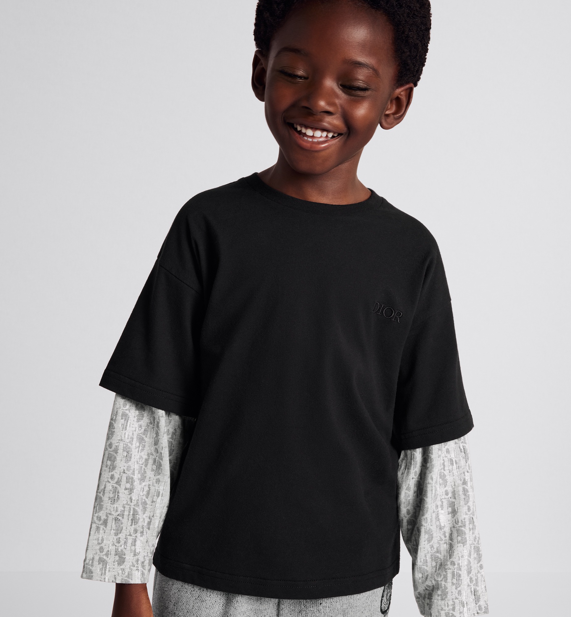 Kids' Long-Sleeved T-Shirt Black Cotton Jersey and Gray Dior Oblique ...