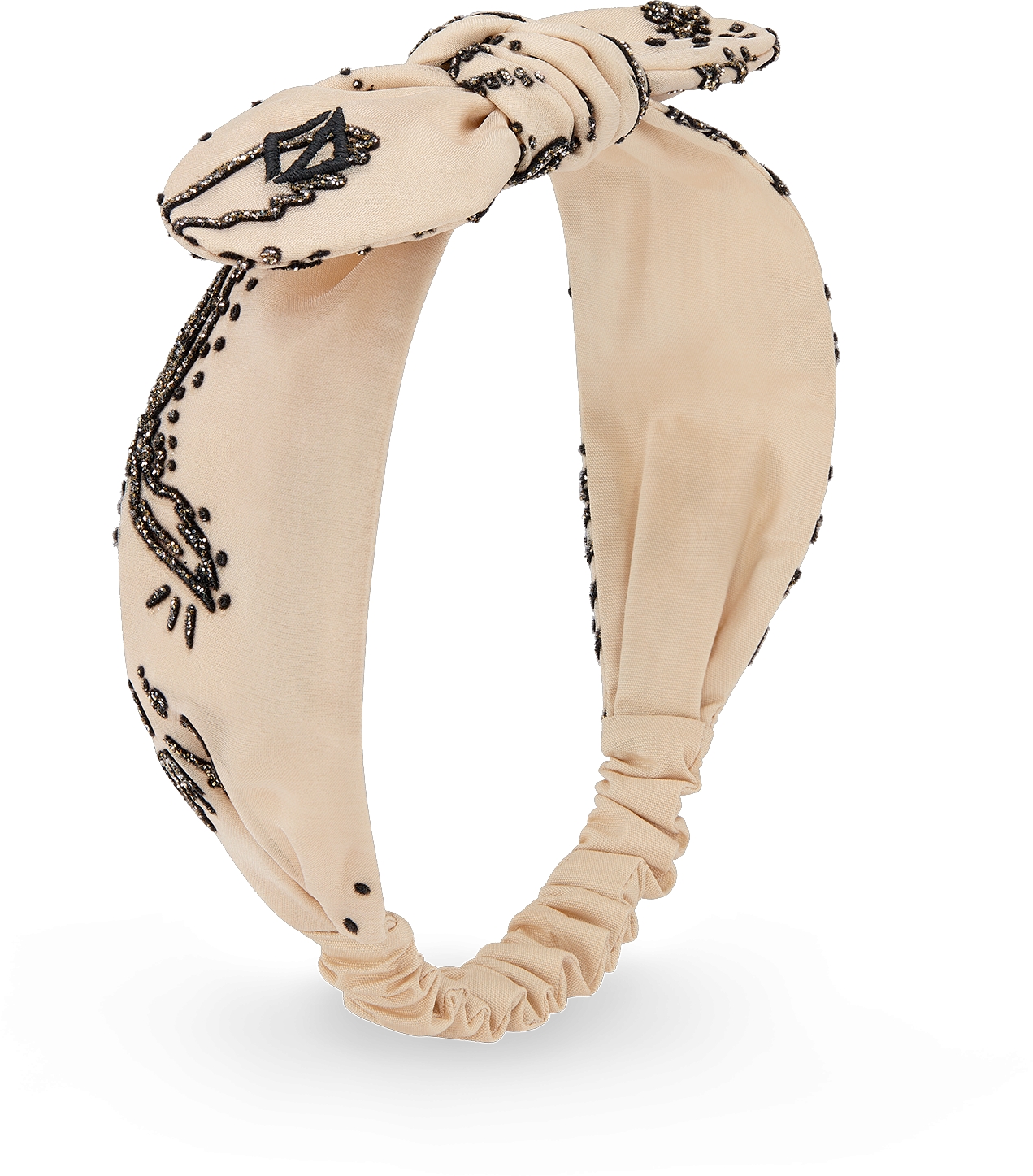 Haarband fur Babys Seidenchiffon in Beige mit Schwarz und glitzerndes Constellation Motiv in Gold DIOR