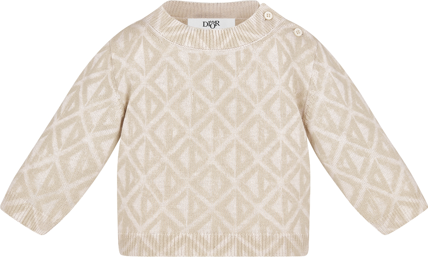 Baby Sweater Ecru Cotton Knit with Beige CD Diamond Print | DIOR