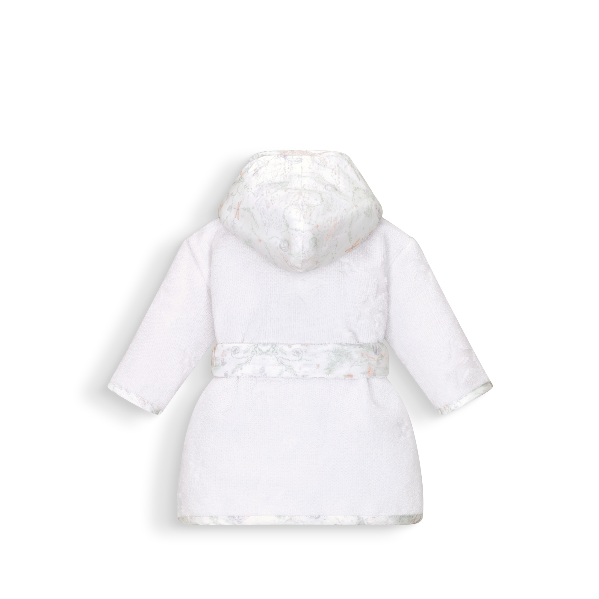 Baby Hooded Bathrobe Ivory Cotton Terry Knit Jacquard with Stars and Ivory Toile de Jouy Pastel Cotton Poplin E08