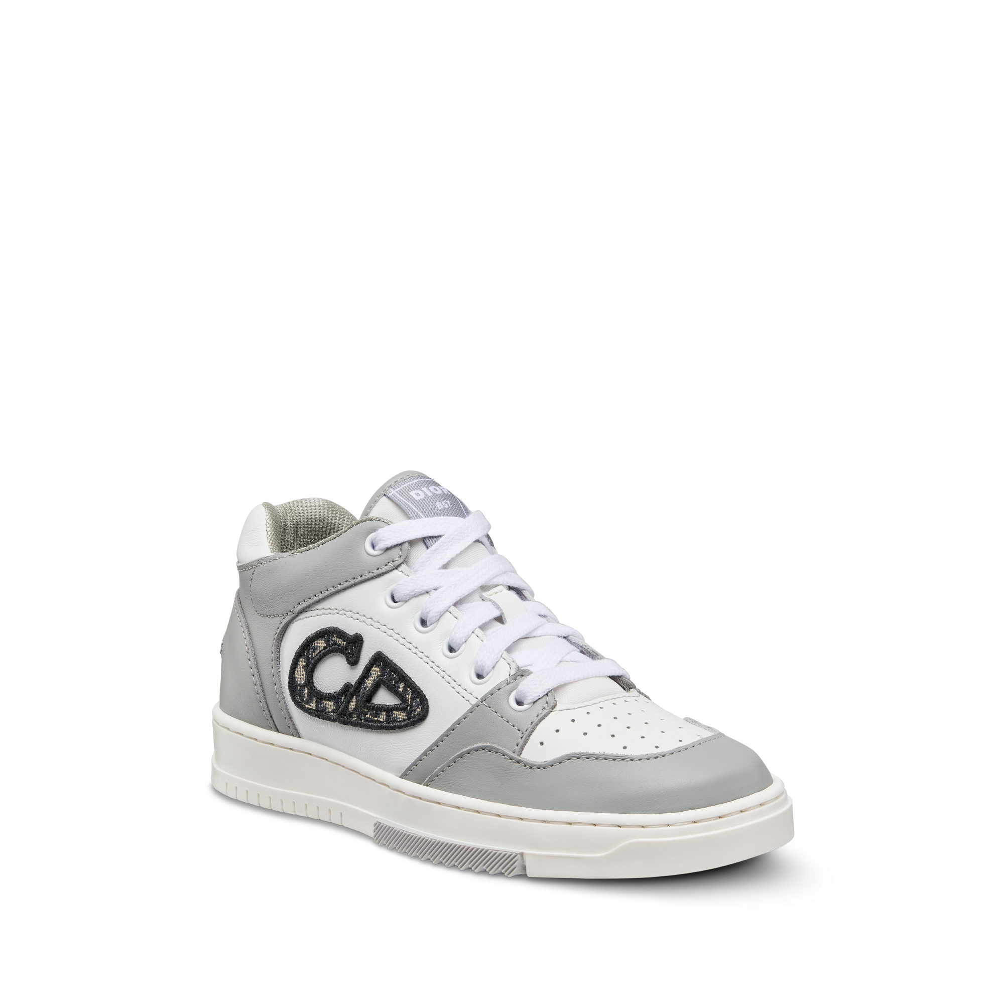 Sneaker B57 Dribble mi-haute enfant Cuir de veau lisse gris et blanc et toile jacquard Dior Oblique beige et noir E03