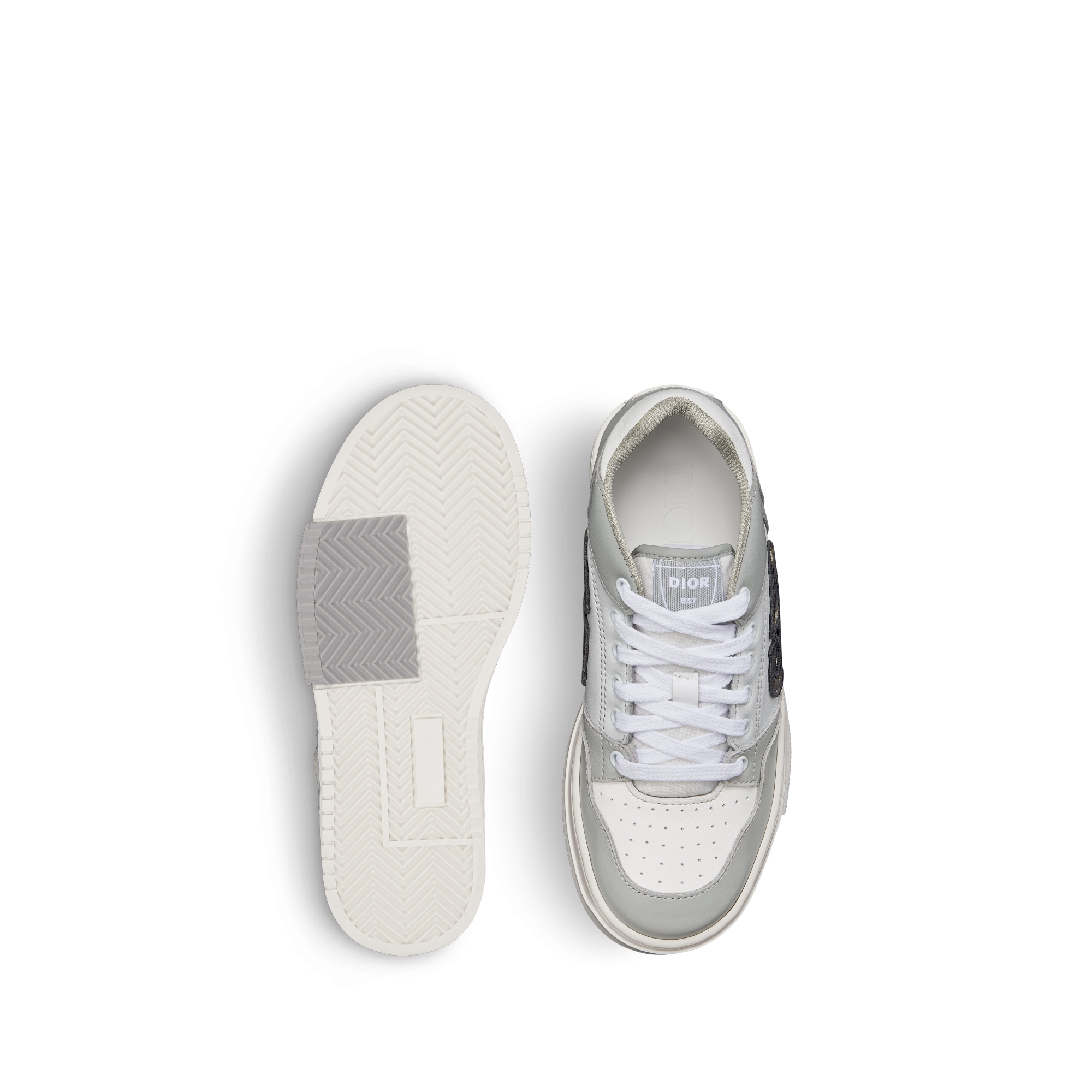 B57 Dribble Mid Top Sneaker für Kinder Glattes Kalbsleder in Grau und Weiß mit Dior Oblique Jacquard in Beige und Schwarz E07