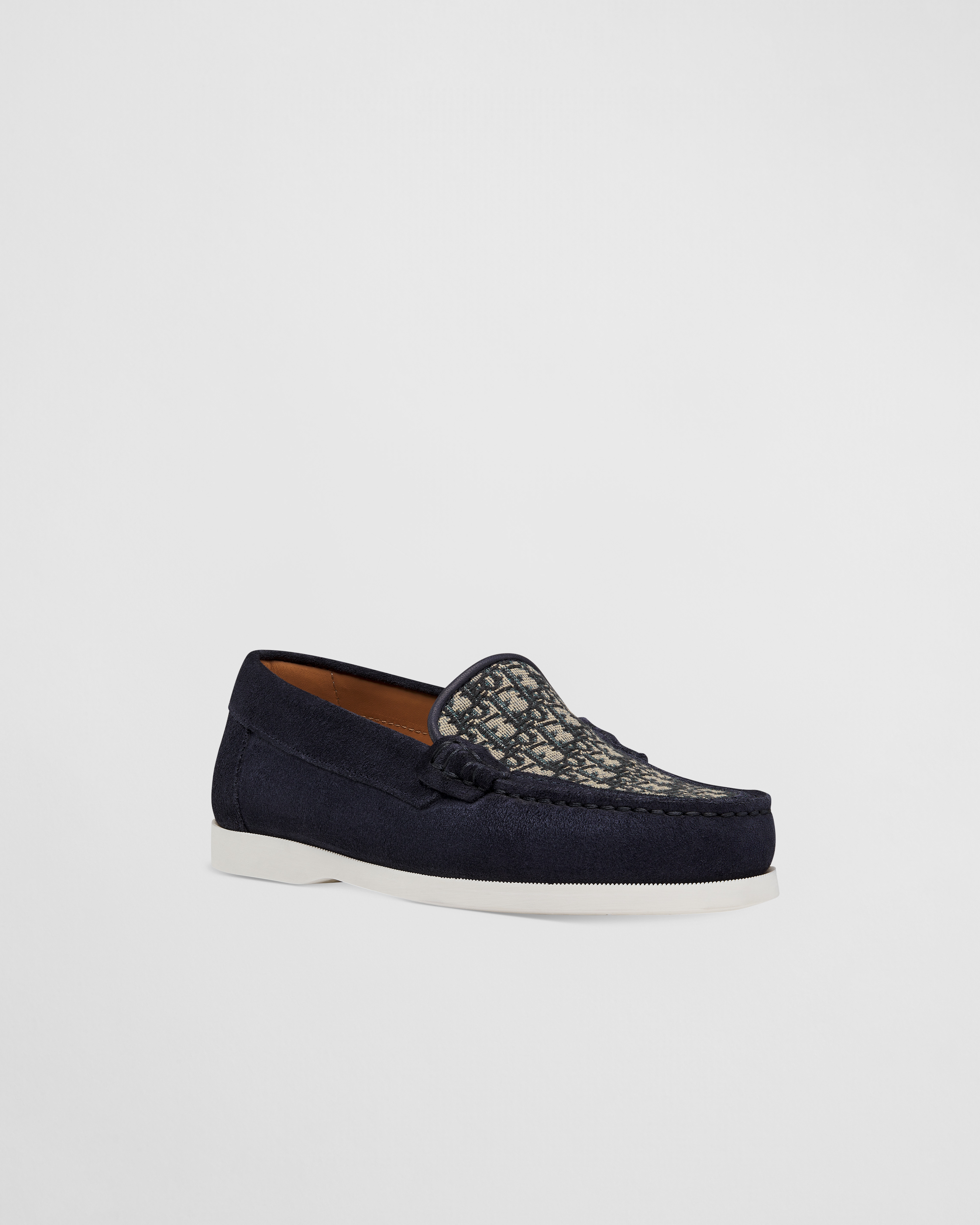 Mocassin Dior Granville enfant Suède bleu marine et toile jacquard Dior Oblique beige et noir E03