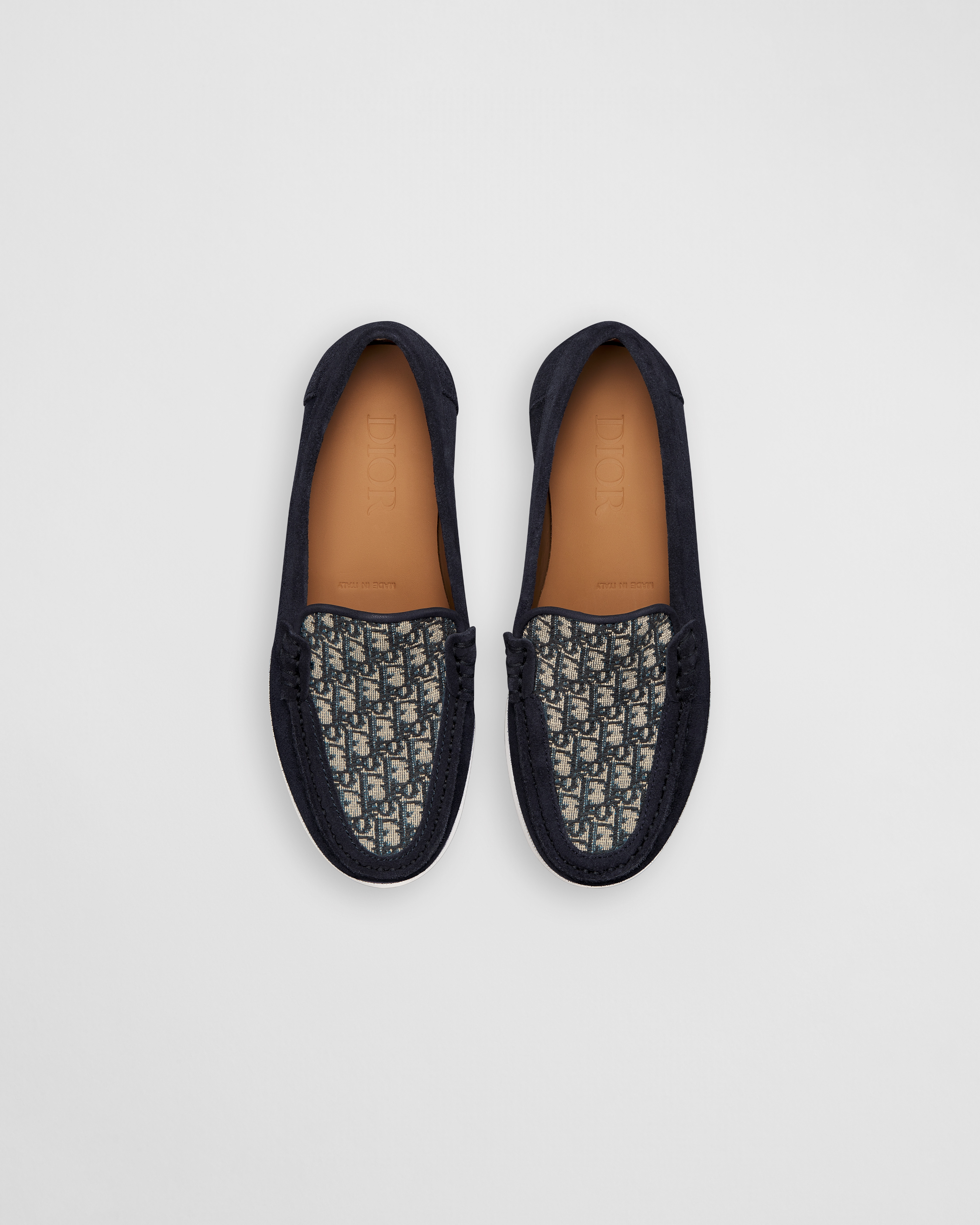 Mocassin Dior Granville enfant Suède bleu marine et toile jacquard Dior Oblique beige et noir E06