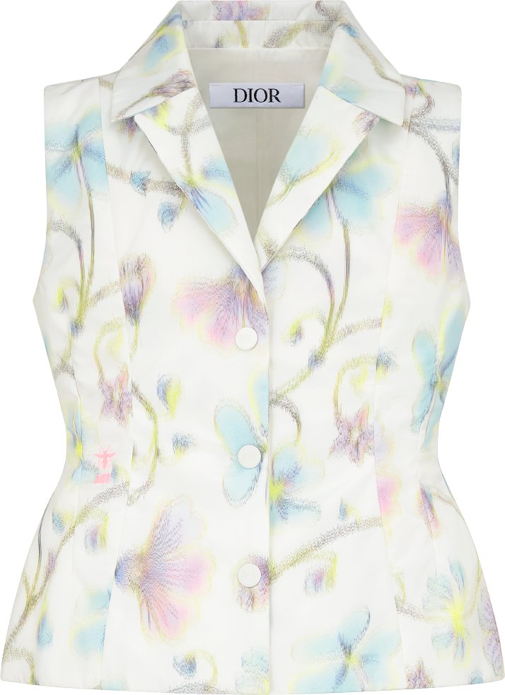 Kids Sleeveless Bar Jacket Ivory Water Repellent Technical Fabric with Blue and Purple Seasonal Floral Motif DIOR