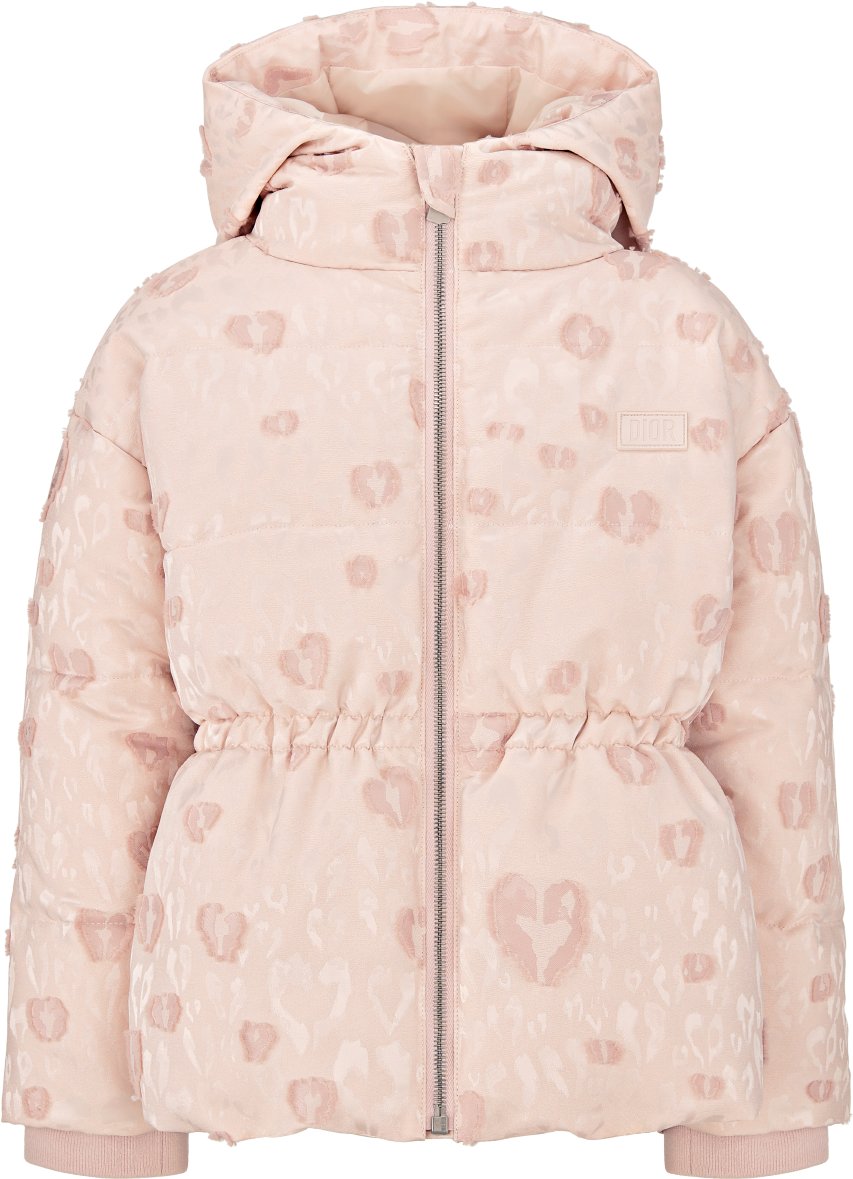 Kids Hooded Down Jacket Pale Pink Technical Jacquard with Leopard CD Heart Motif DIOR