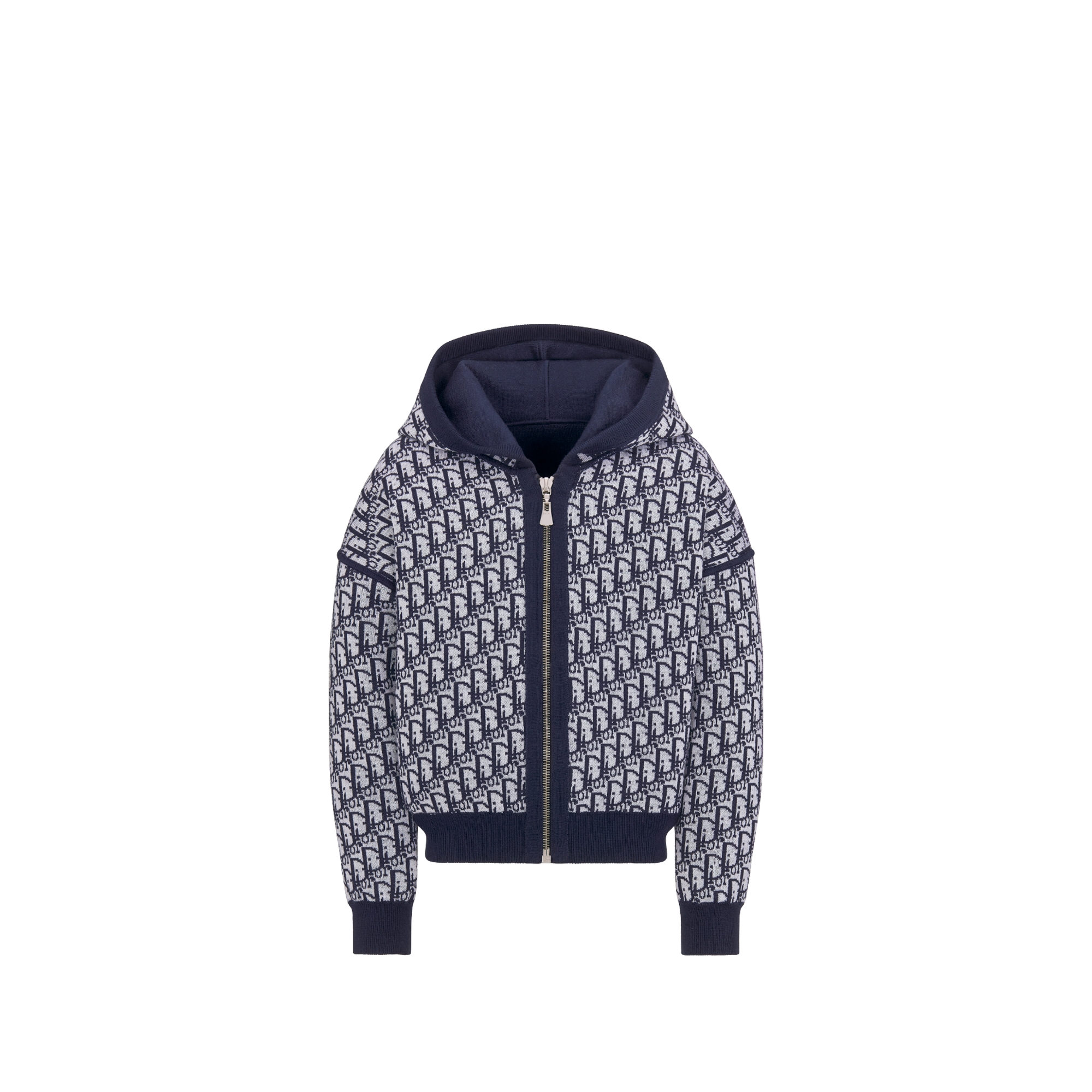 Kids' Reversible Zipped Cardigan with Hood Navy Blue Wool Knit with Ivory and Blue Dior Oblique Jacquard E02
