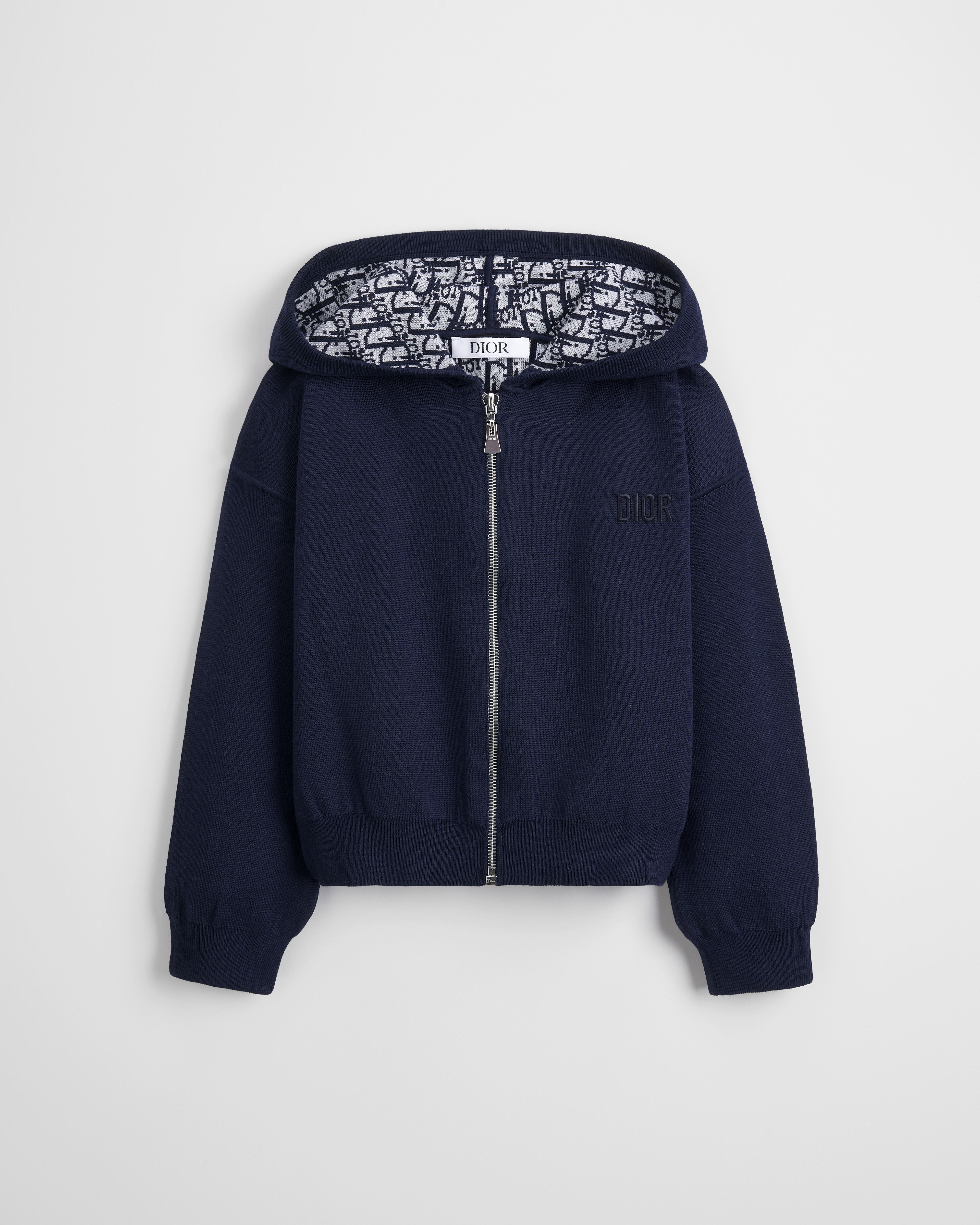 Wendbarer Cardigan mit Reißverschluss und Kapuze für Kinder Wollstrick in Marineblau mit Dior Oblique Jacquard in Elfenbein und Blau E01