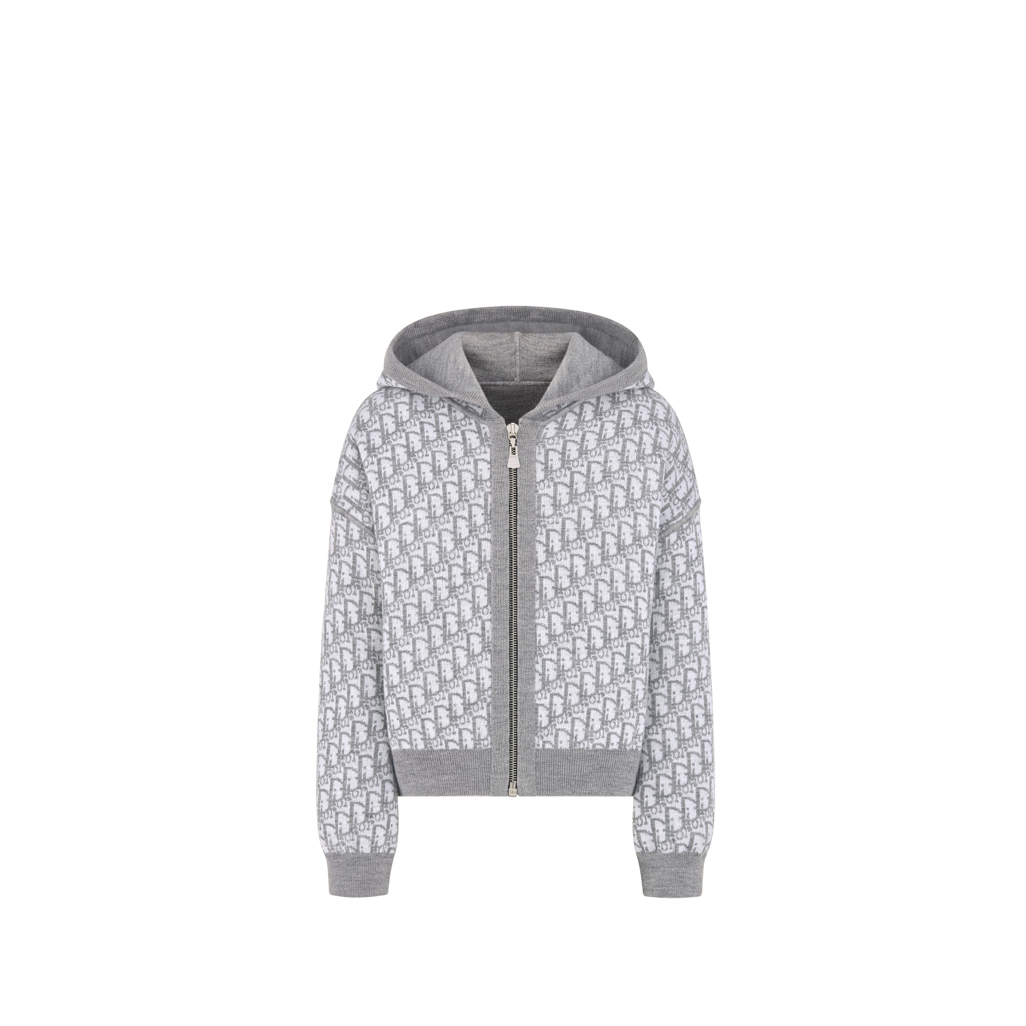 Kids' Reversible Zipped Cardigan with Hood Gray Wool Knit and Dior Oblique Jacquard E07