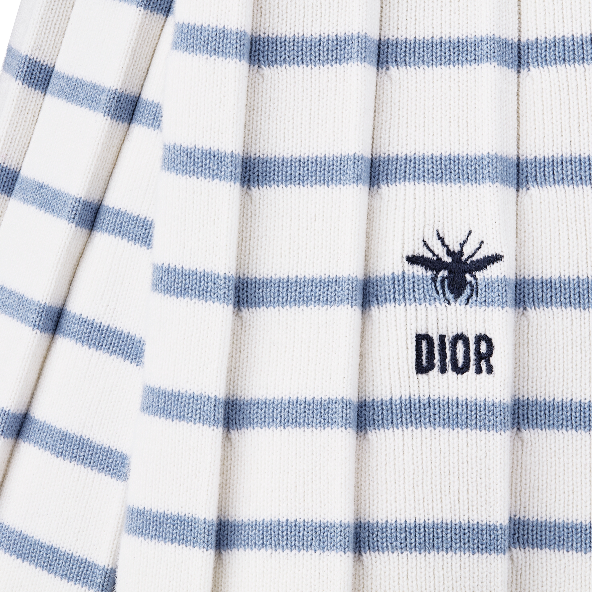 Kids' Flared Dress Ivory Cotton and Cashmere Pleated Knit with Blue Stripes E09