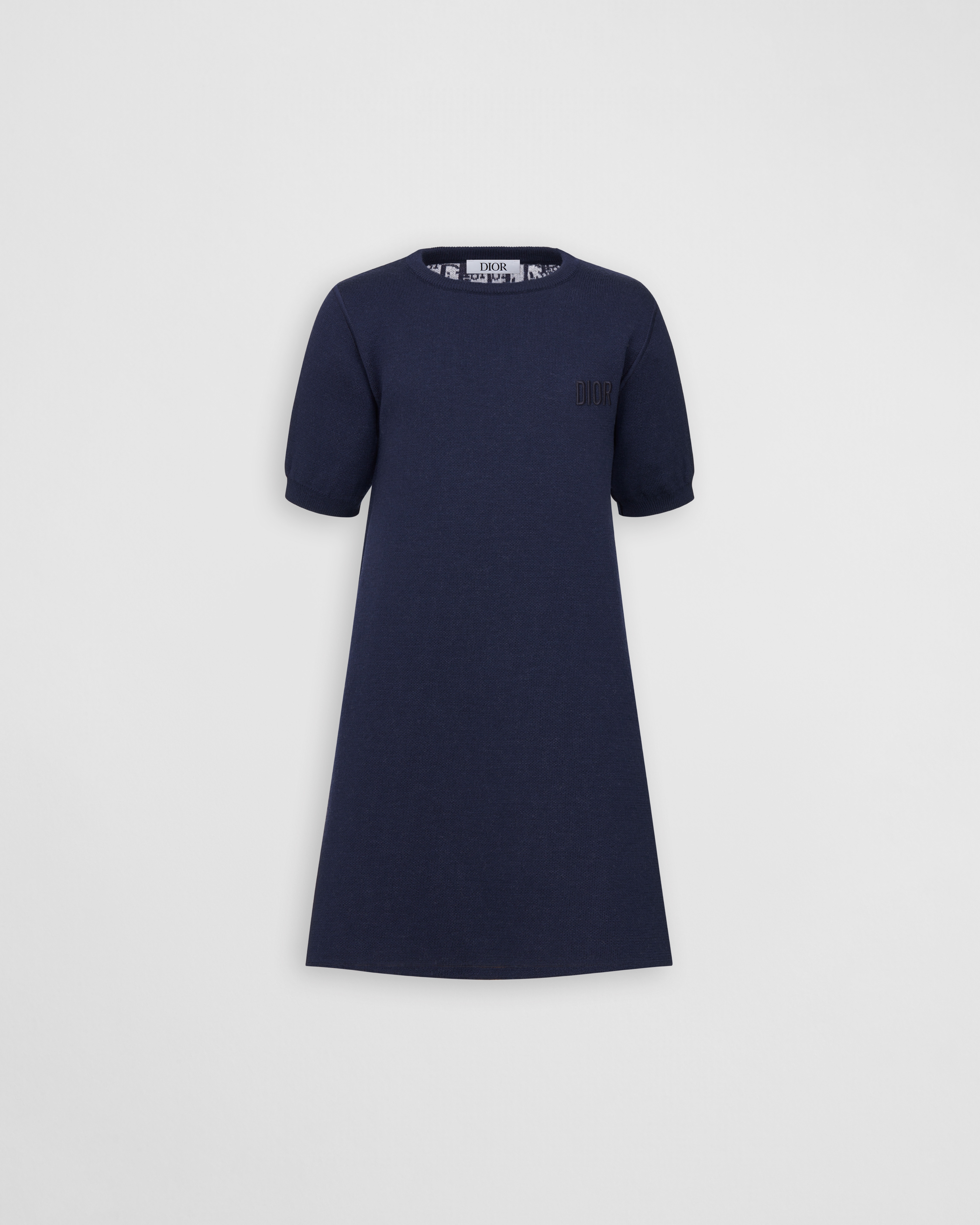 Wendbares Kleid in A-Linie für Kinder Wollstrick in Marineblau mit Dior Oblique Jacquard in Elfenbein und Blau E01