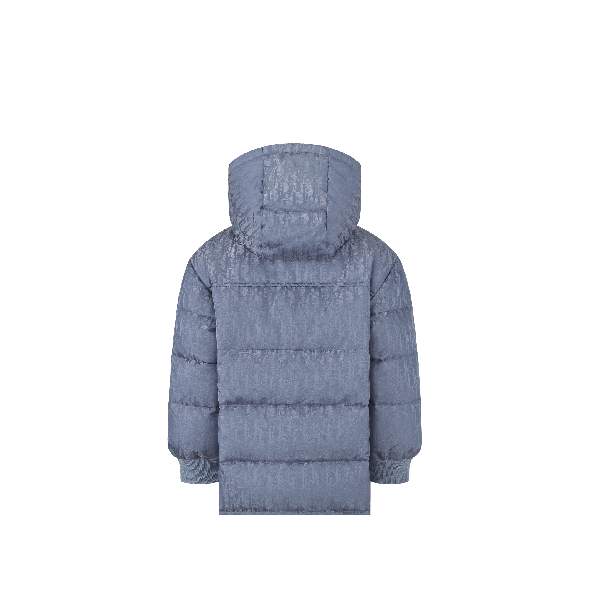 Chaqueta de plumón con capucha Dior Kids Jacquard técnico resistente al agua Dior Oblique azul grisáceo con acabado satinado E08