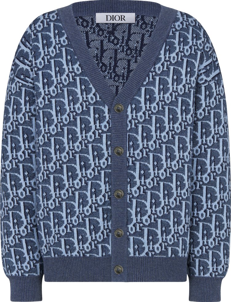 Felpa con cappuccio per bambini Jacquard di maglia di cotone e canapa Dior Oblique blu DIOR