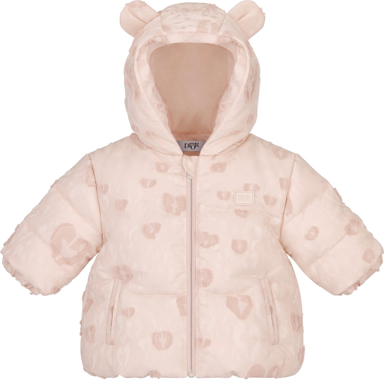 Baby Hooded Down Jacket Pale Pink Technical Jacquard with Leopard CD Heart Motif DIOR
