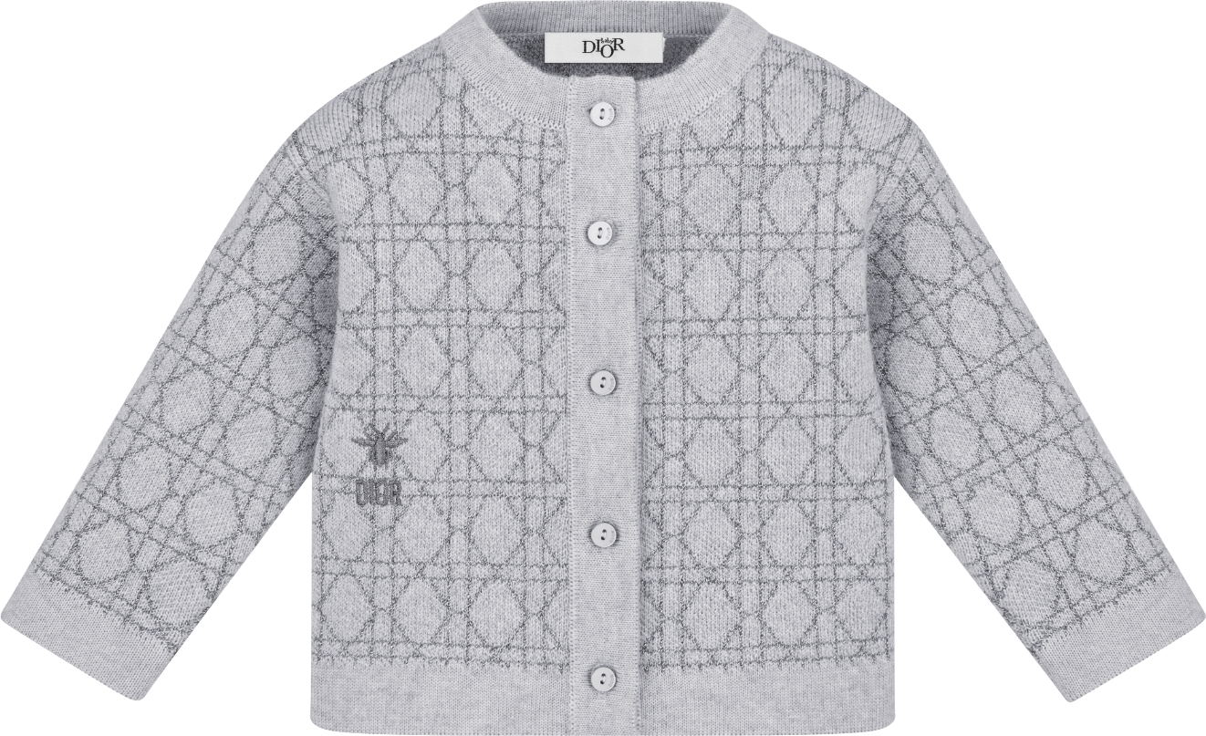 Veste cardigan bebe Maille de laine melangee grise jacquard Cannage argente DIOR
