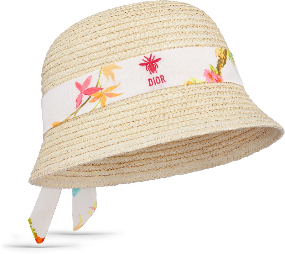 Baby Bucket Hat Natural Straw and Ivory Cotton Muslin with Multicolor Exotic Riviera Motif DIOR