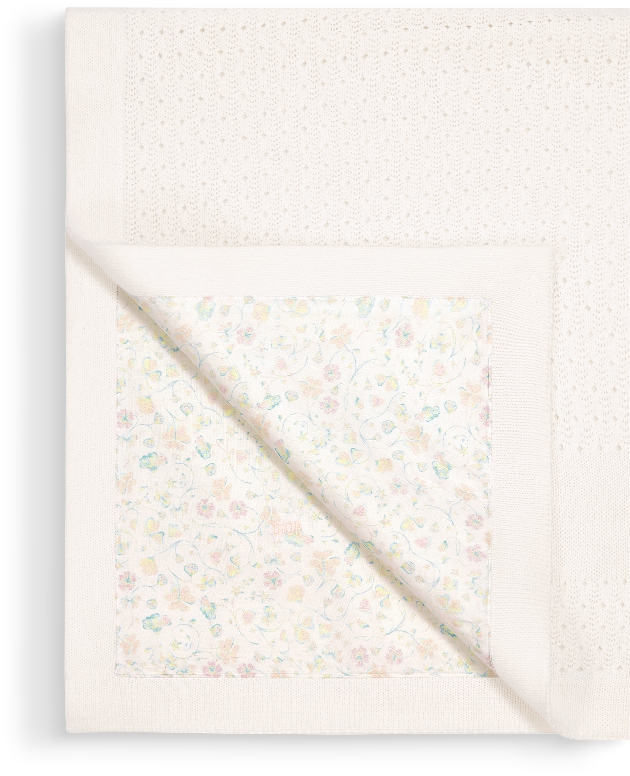 Baby Blanket Ivory Cotton Openwork Knit with Multicolor Seasonal Floral Motif DIOR