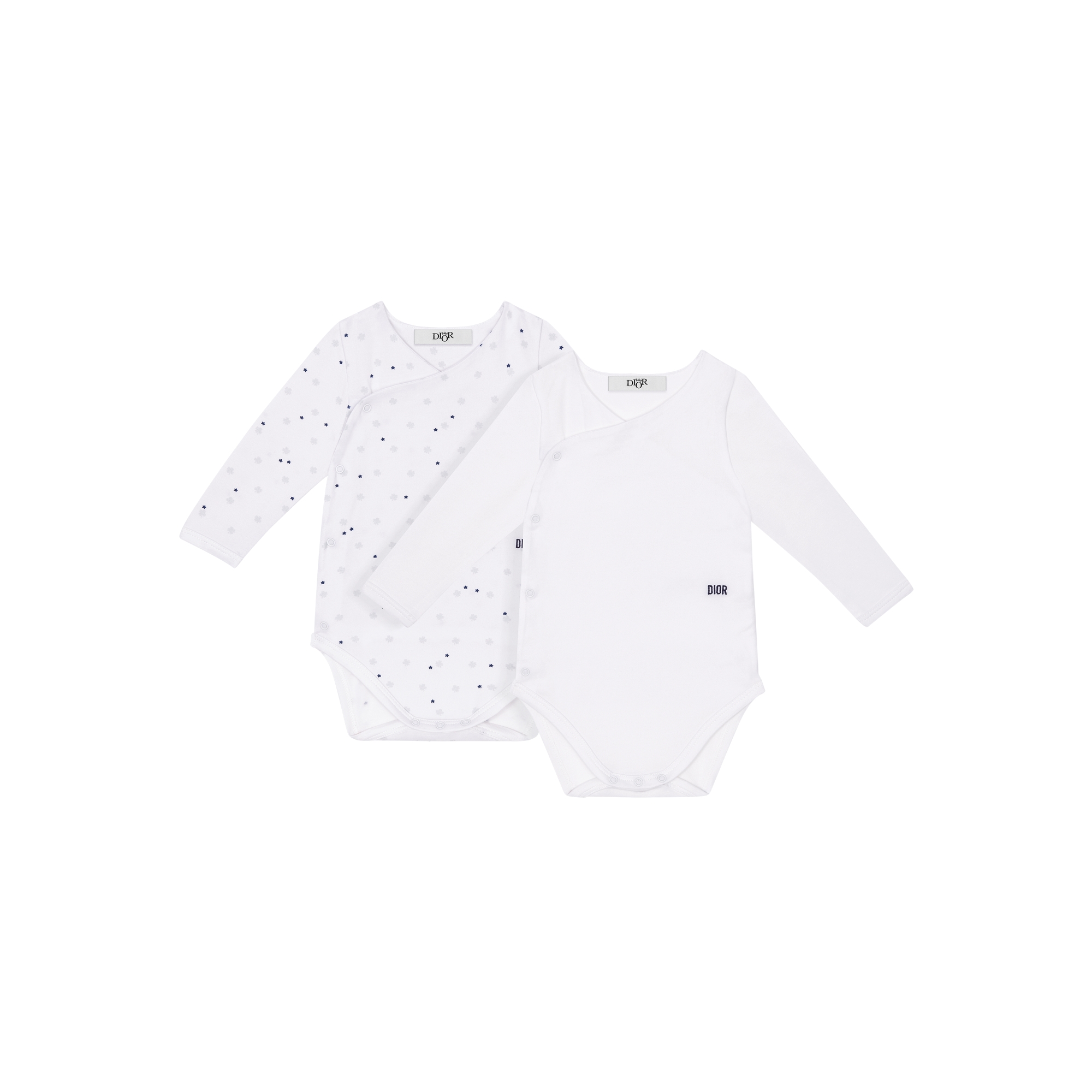 Gift Set with Two Long-Sleeved Bodysuits Ivory Cotton Jersey with Pale Green and Blue Clover and Star Motif E01