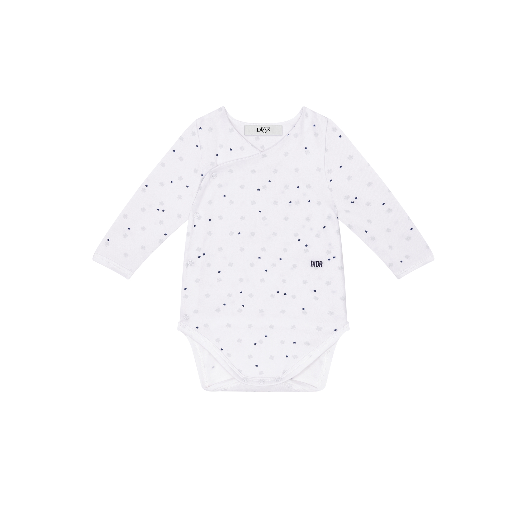 Gift Set with Two Long-Sleeved Bodysuits Ivory Cotton Jersey with Pale Green and Blue Clover and Star Motif E02