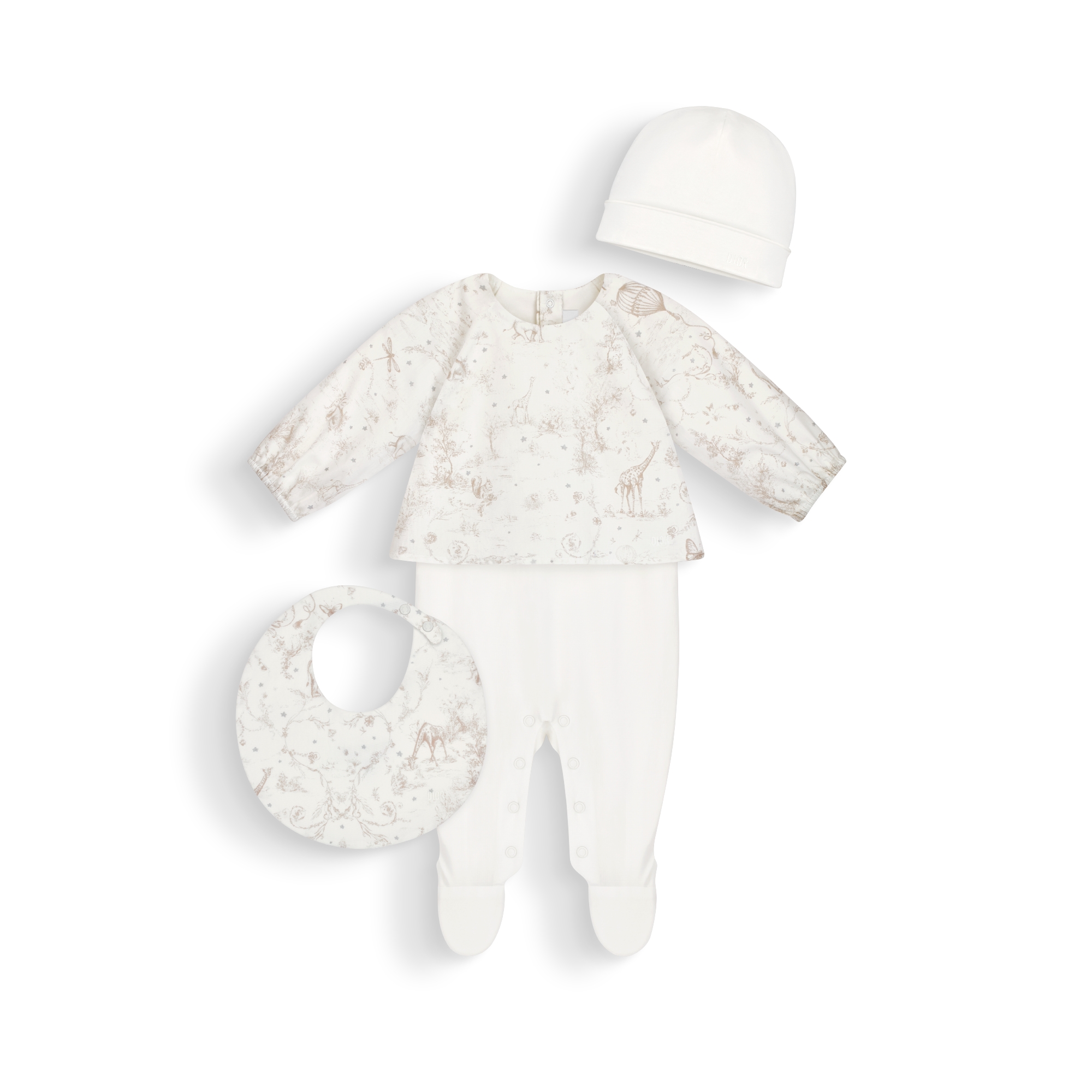 Newborn Gift Set Ivory Jersey and Cotton Poplin with Beige Toile de Jouy Print and Silver-Tone Stars E01