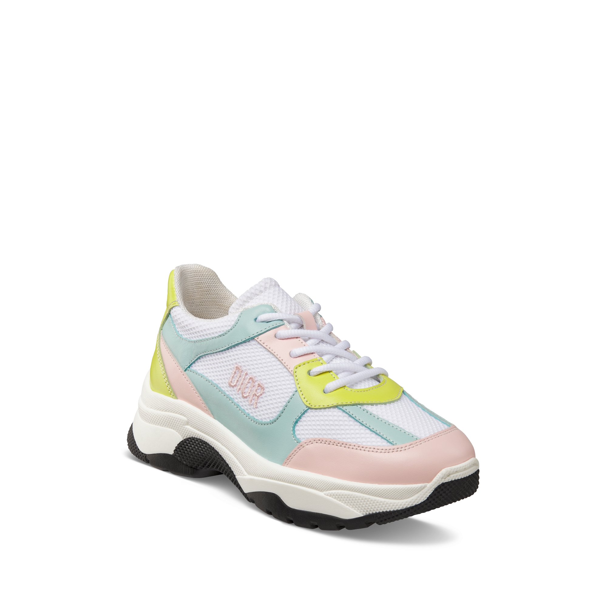 Kids' Low-Top Sneaker Pale Pink, Light Blue and Apple Green Calfskin with White Mesh E03