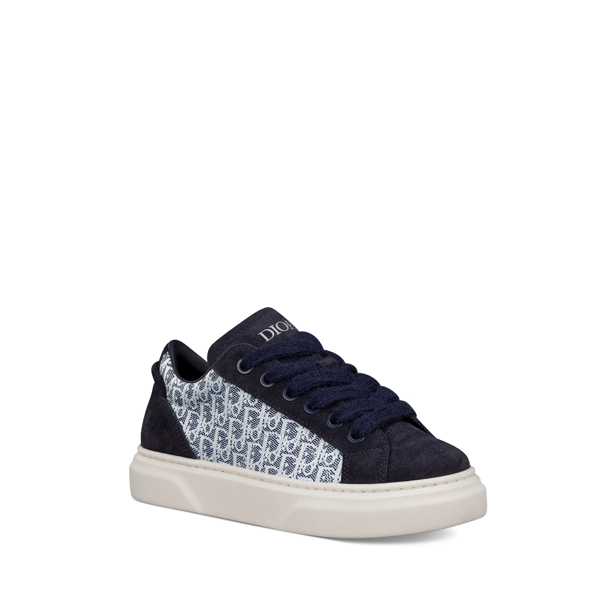 حذاء سنيكرز منخفض B33 Spin للأطفال نمط ديور أوبليك بحبك الجاكار باللونين الأزرق والأبيض وجلد السويد باللون الأزرق الكحلي E03