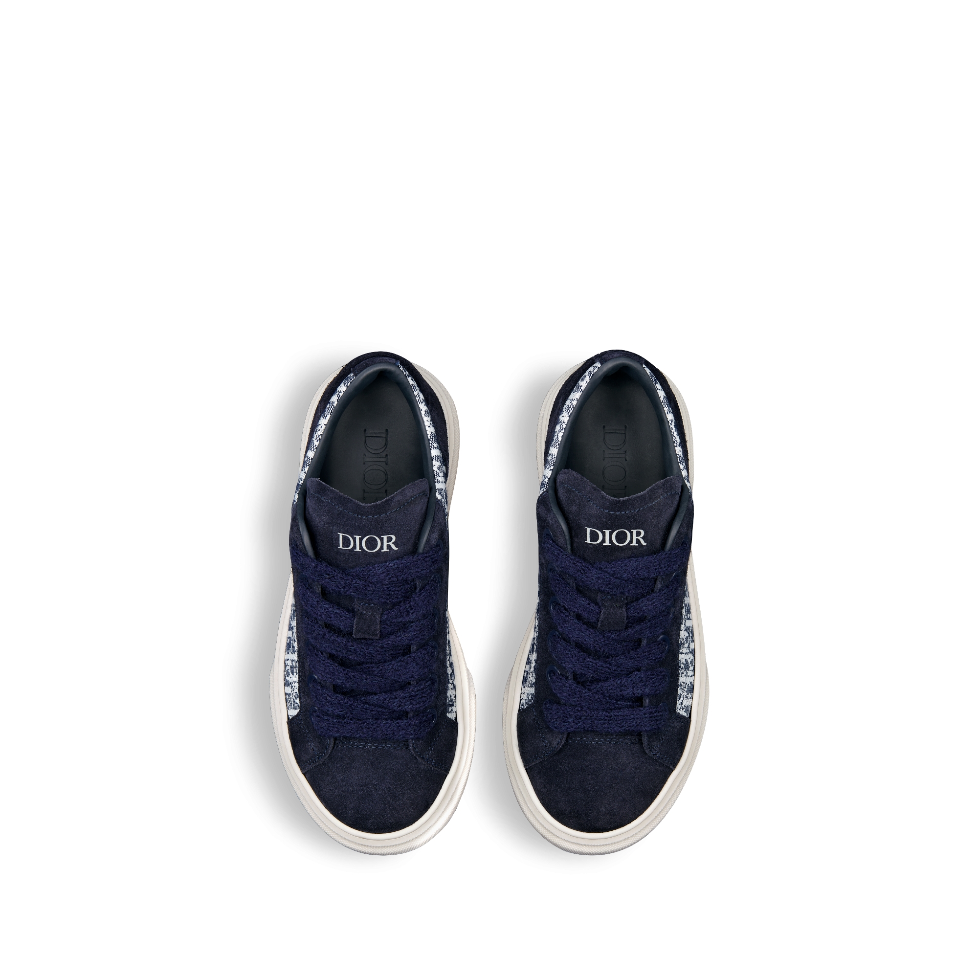 حذاء سنيكرز منخفض B33 Spin للأطفال نمط ديور أوبليك بحبك الجاكار باللونين الأزرق والأبيض وجلد السويد باللون الأزرق الكحلي E06